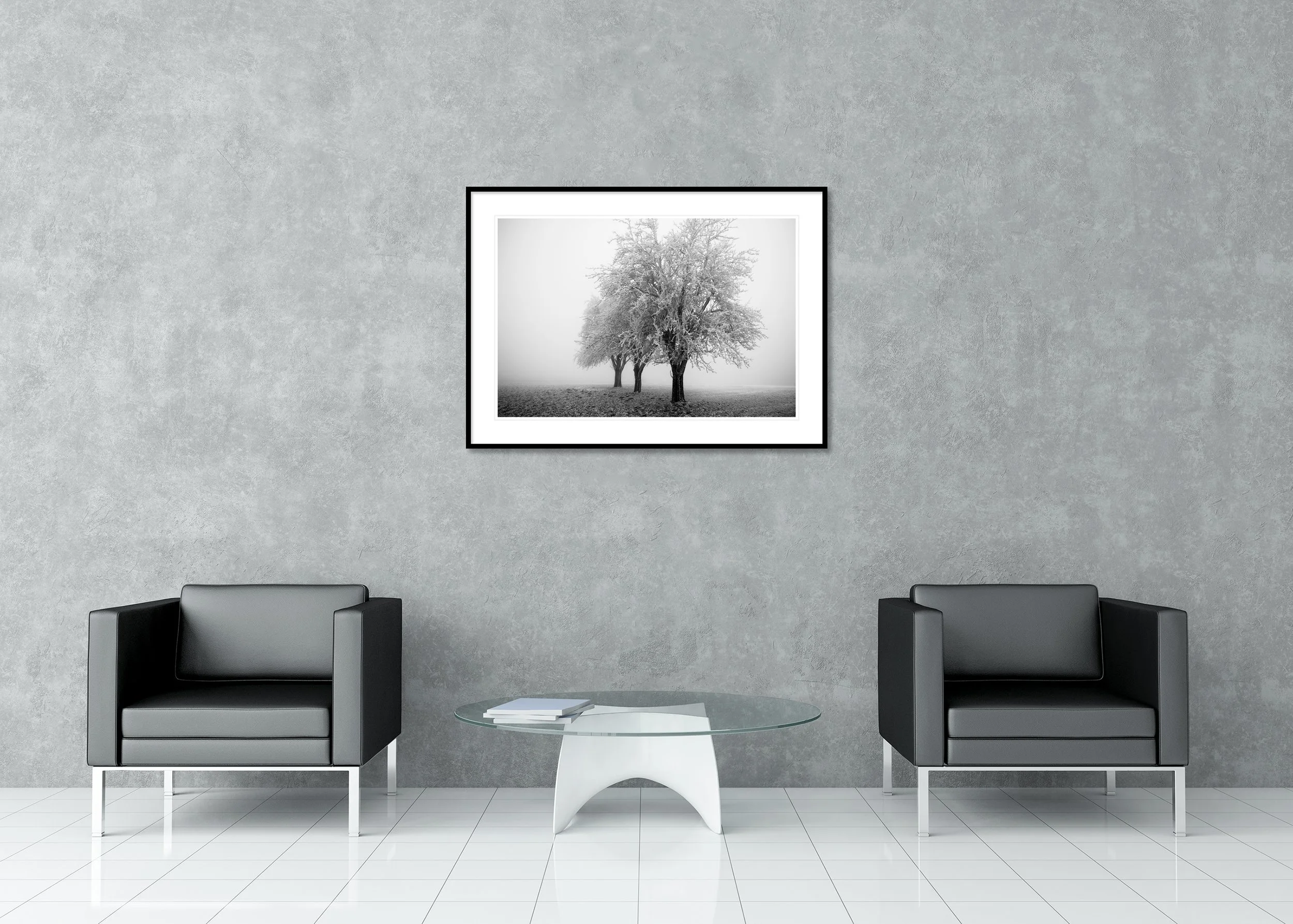 Snow-covered apple trees in dense fog across a quiet minimalist winter field, archival pigment print in a classic frame with a mount.