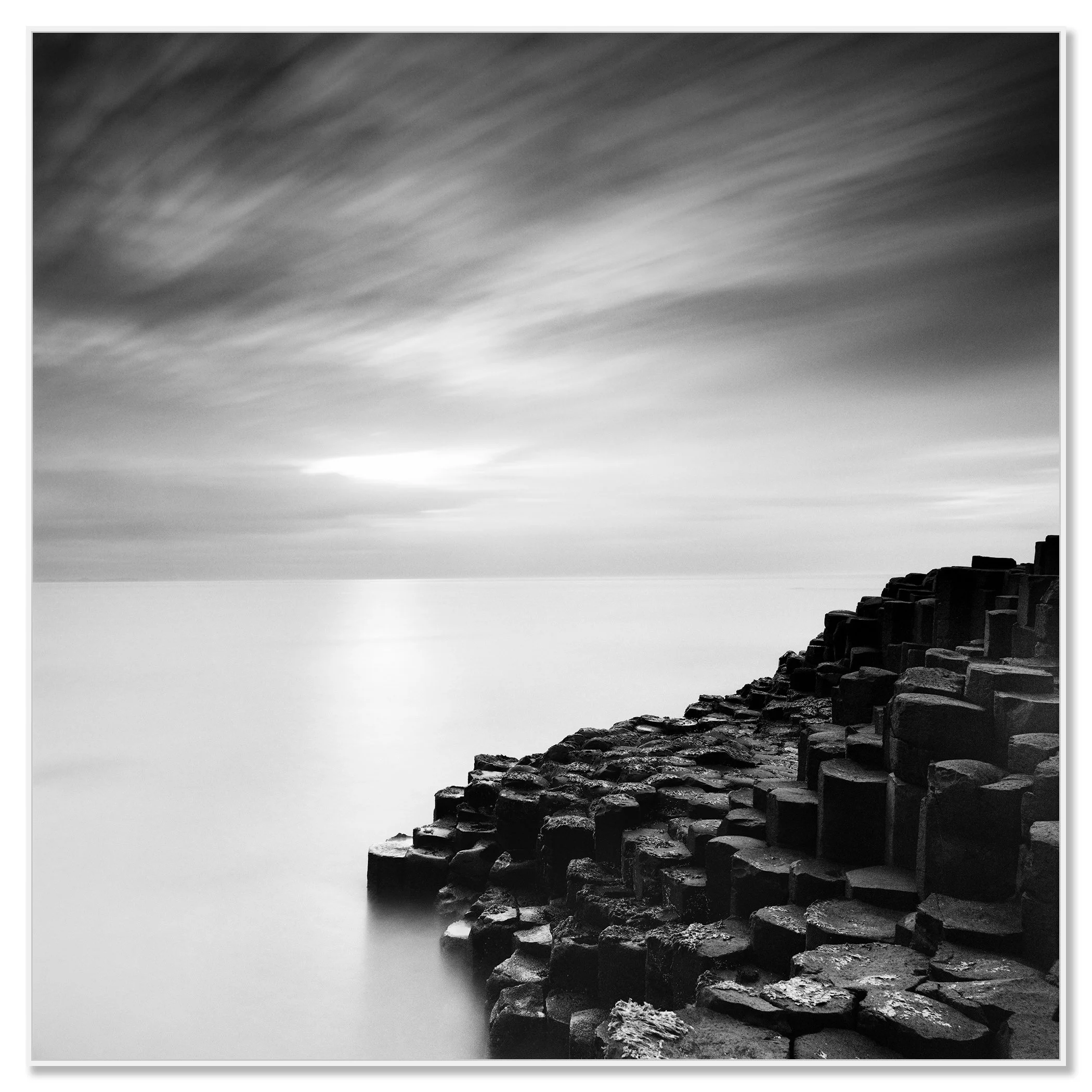 Giant’s Causeway Study 3 by Gerald Berghammer, black-and-white photograph on aluminium Dibond in a white ArtBox frame.