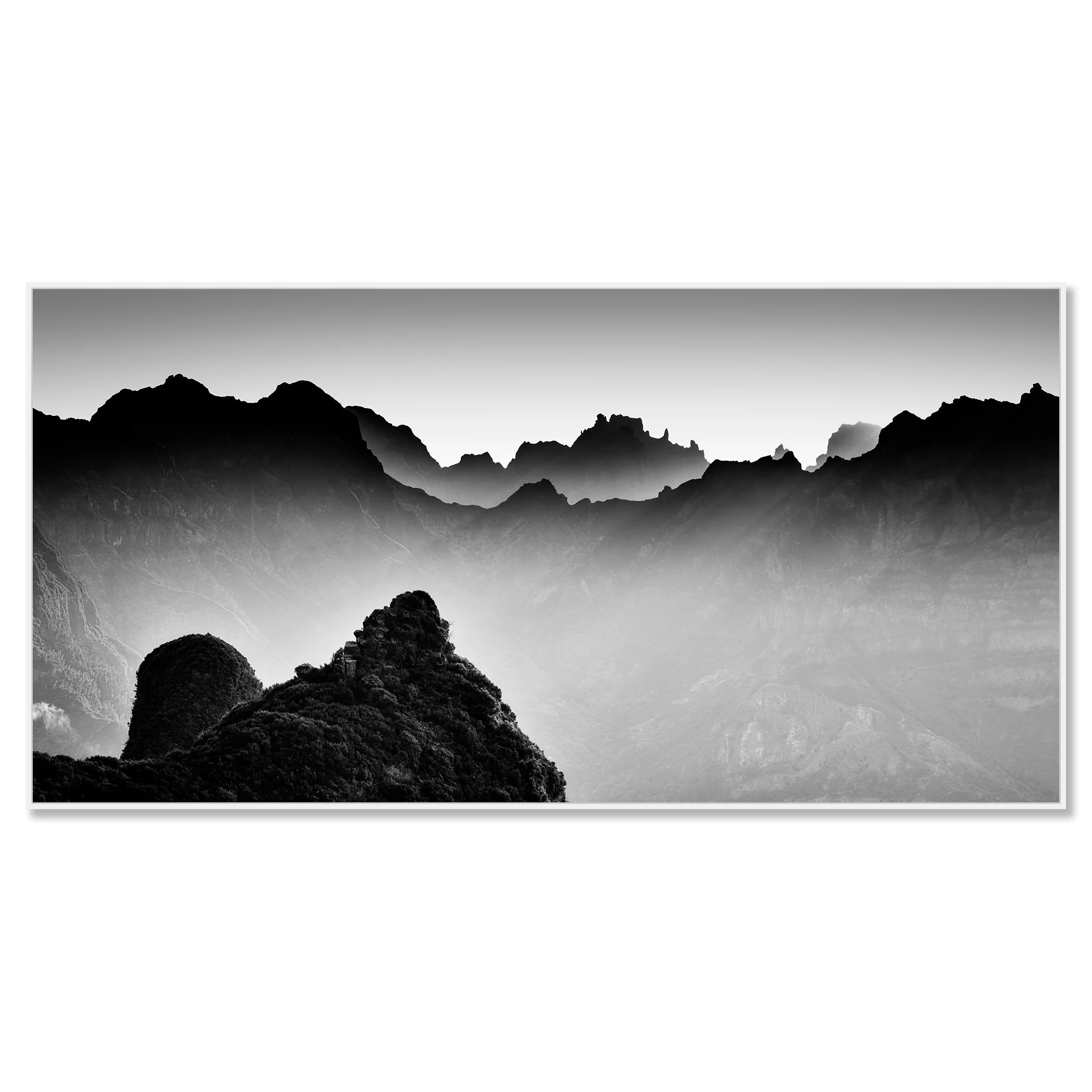 Morning Light in the Mountains, Study 3 – Portugal, black-and-white photograph in a white aluminium ArtBox frame.