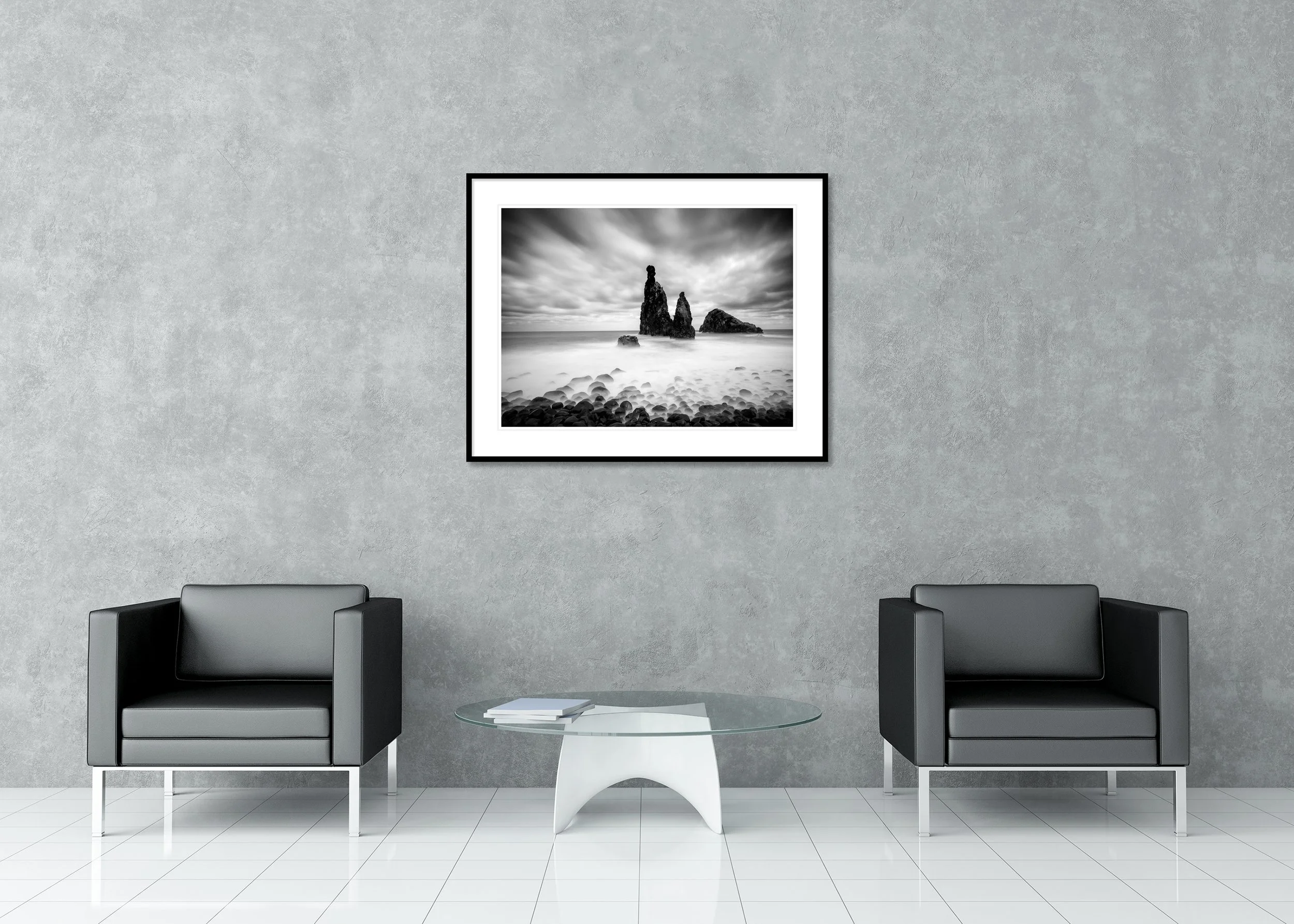 Ribeira da Janela Study 1 displayed in a modern interior as an archival pigment print in a black aluminium frame with a white mount. Photo by Gerald Berghammer.