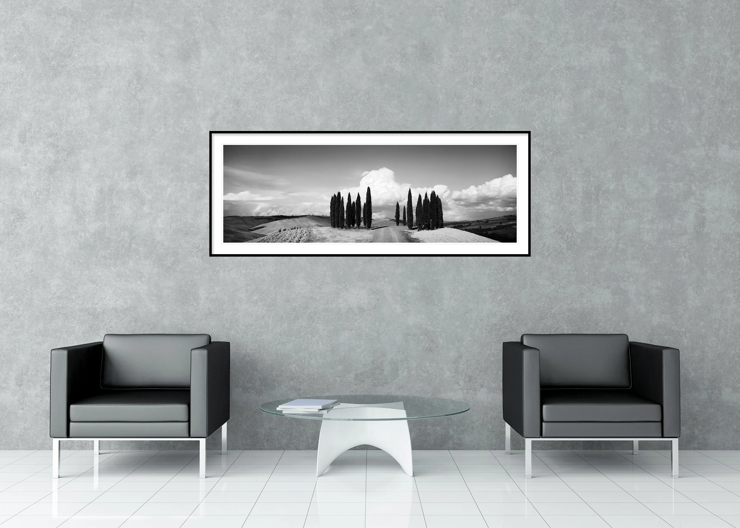 Circle of Cypress Trees Study 1 displayed in a modern interior as an archival pigment print in an aluminium frame with white mount by Gerald Berghammer.