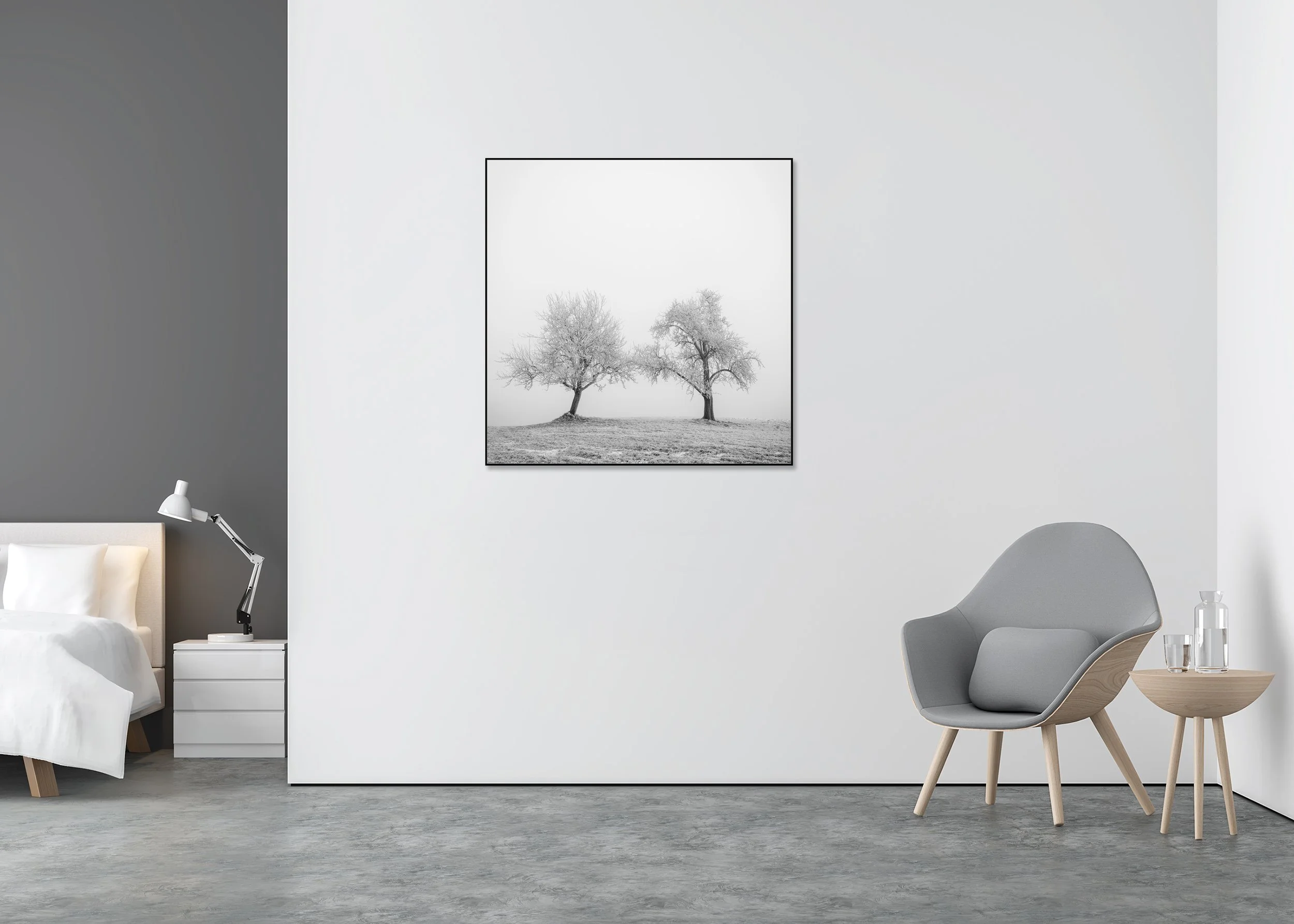 Hoarfrosted Trees Study 1 displayed in a modern interior, mounted on aluminium Dibond in a black ArtBox frame by Gerald Berghammer.