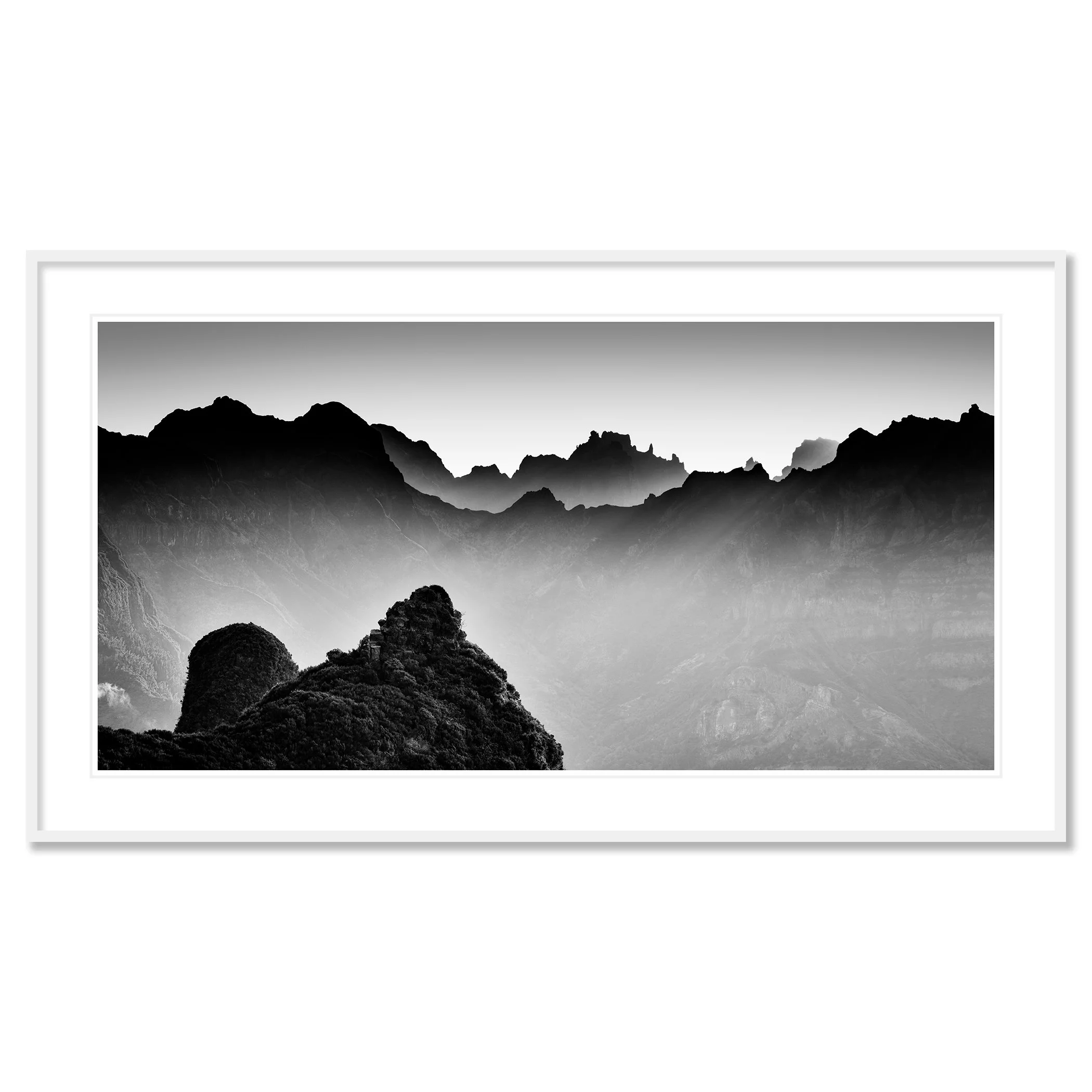 Morning Light in the Mountains Study 3 by Gerald Berghammer in a white aluminium frame with a white mount.