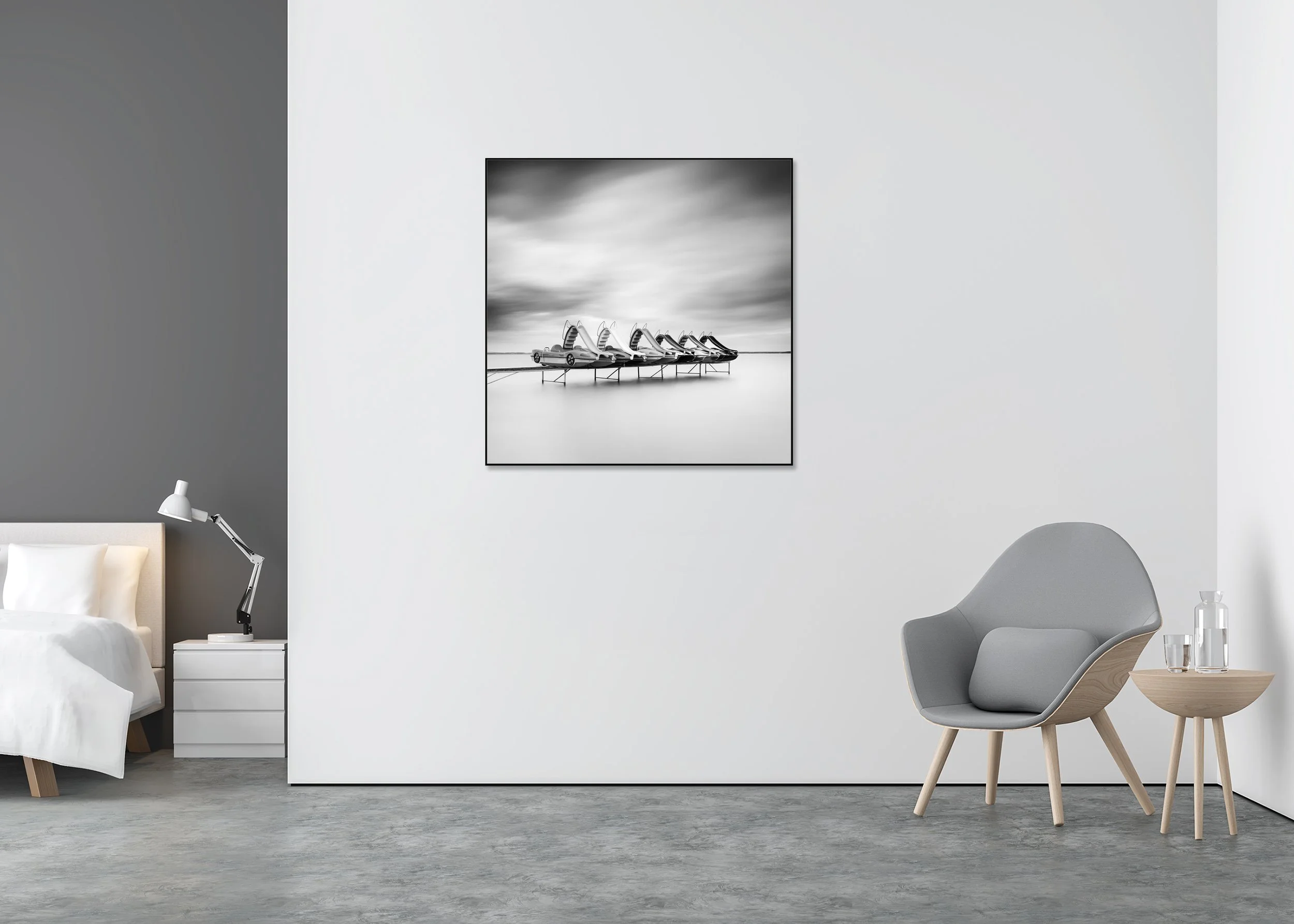 Pedal Boat Study 3 – Balaton, Hungary, black-and-white fine art photo print mounted on Dibond in an aluminium ArtBox