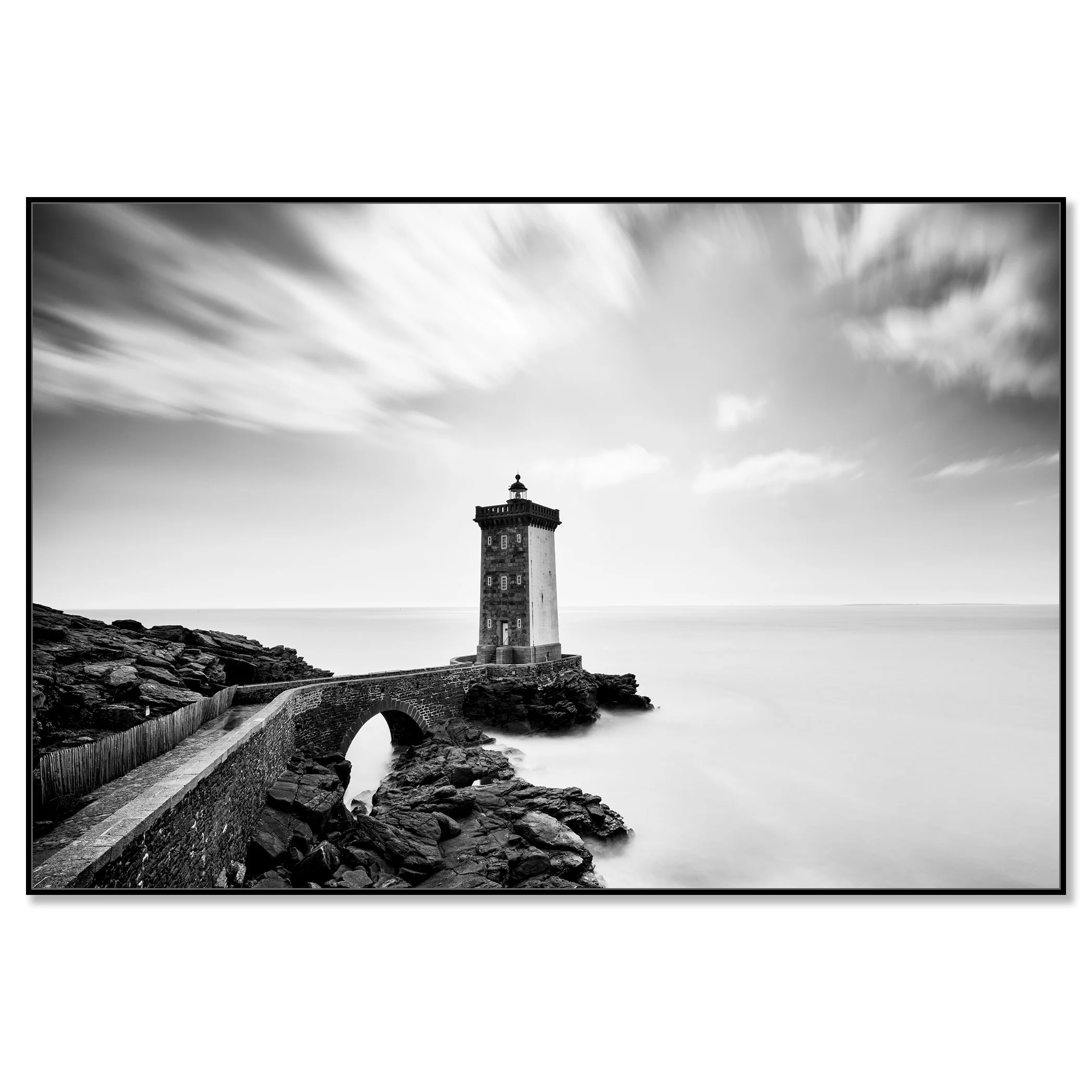 Lighthouse of Kermorvan by Gerald Berghammer, black-and-white Dibond print in a black aluminium ArtBox frame.