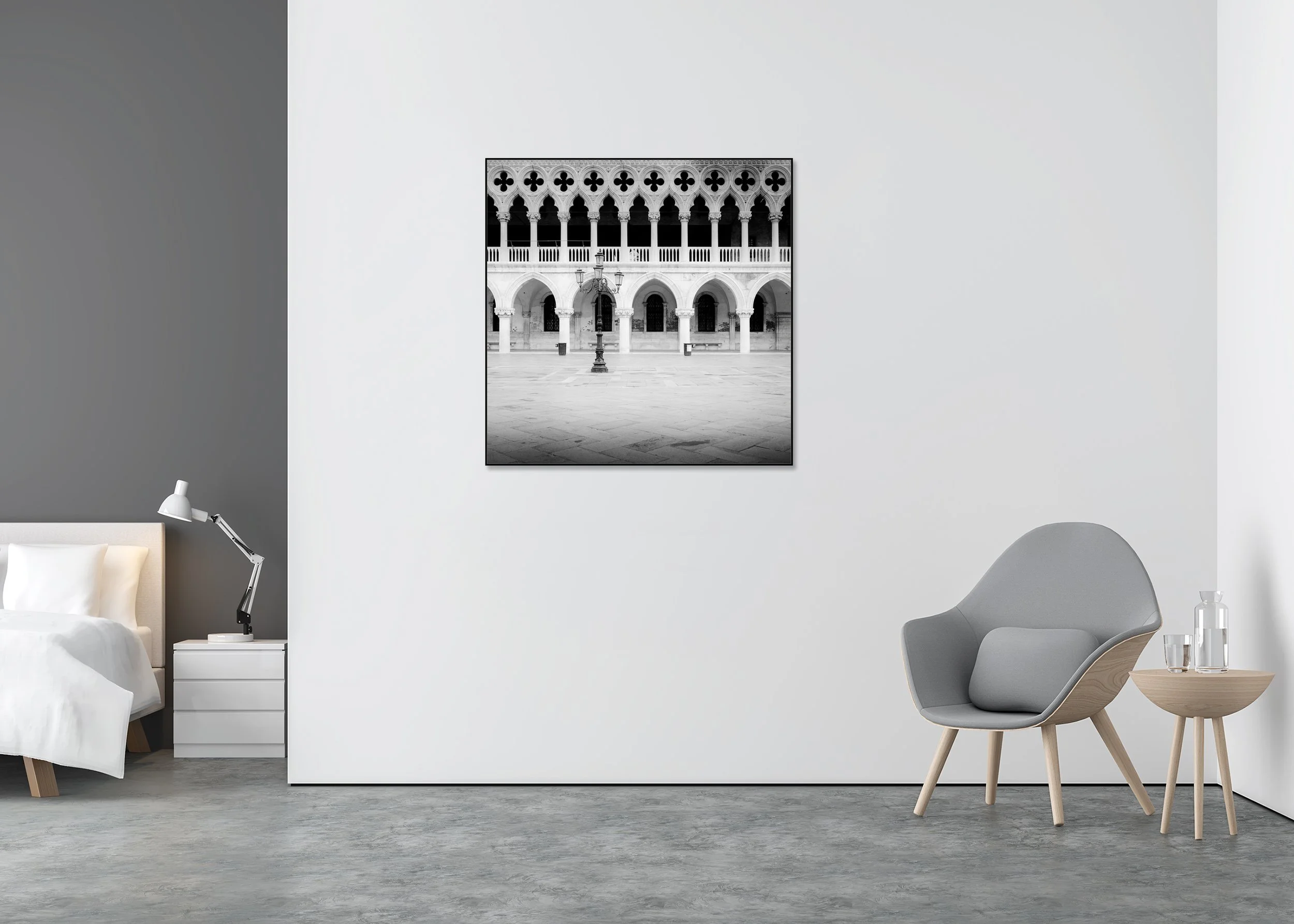 Gothic Facade of Doge’s Palace – Venice, Italy, black-and-white fine art photo print mounted to Dibond in an aluminium ArtBox