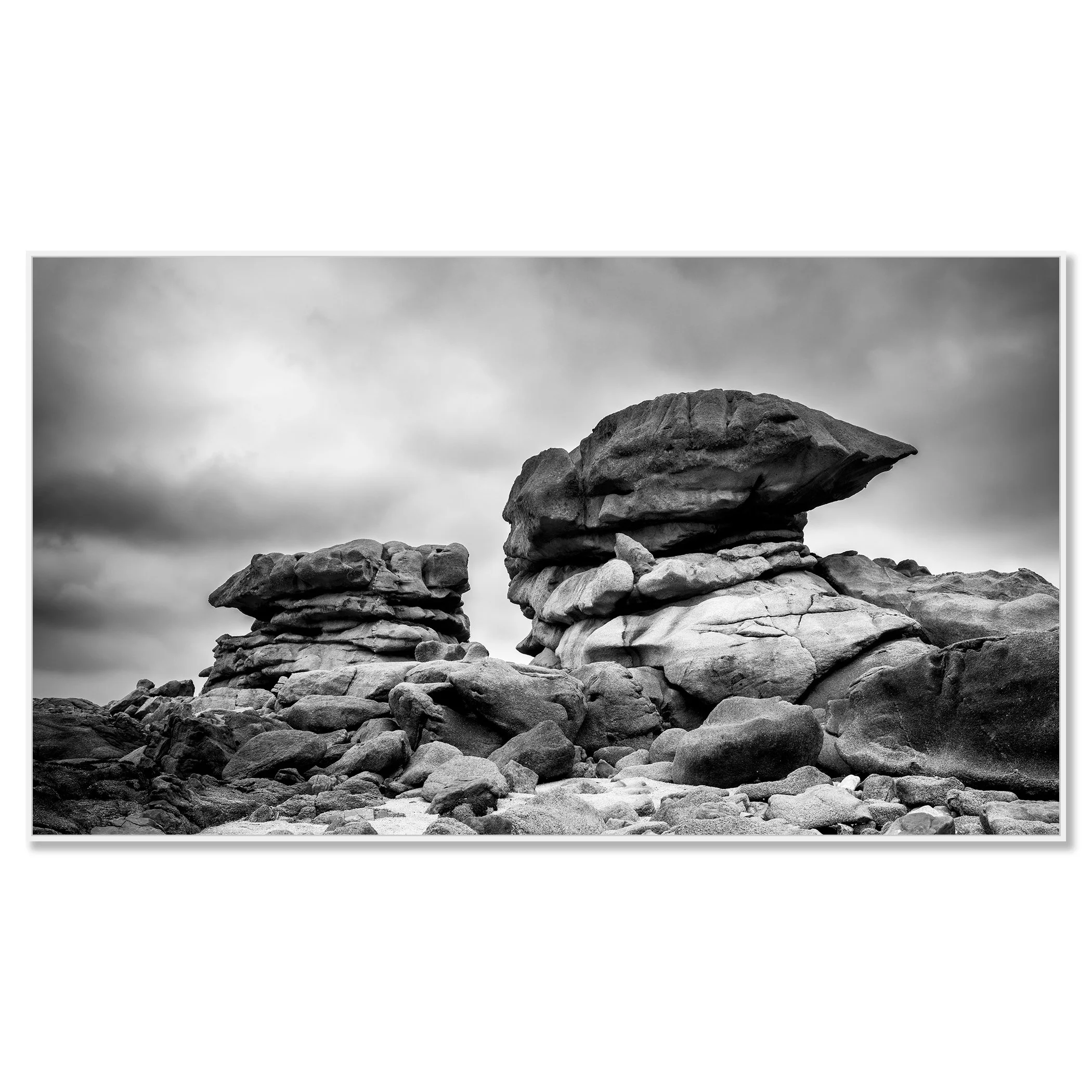 Pink Granite Coast Panorama Study 1, black-and-white Dibond print in a white aluminium ArtBox frame by Gerald Berghammer.