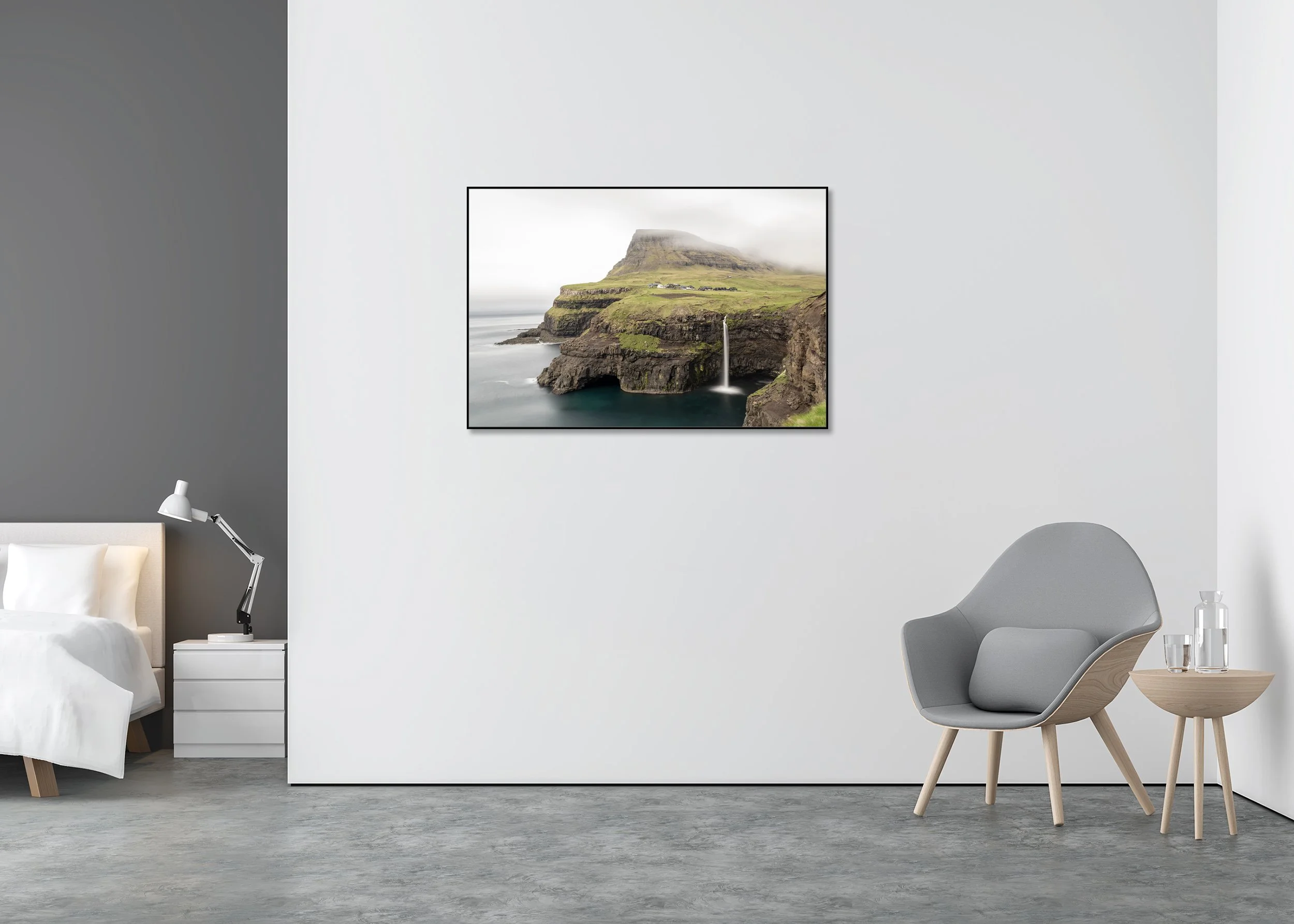 Múlafossur Waterfall Study 1 displayed in a modern interior as a colour Dibond print in a black aluminium ArtBox frame by Gerald Berghammer.