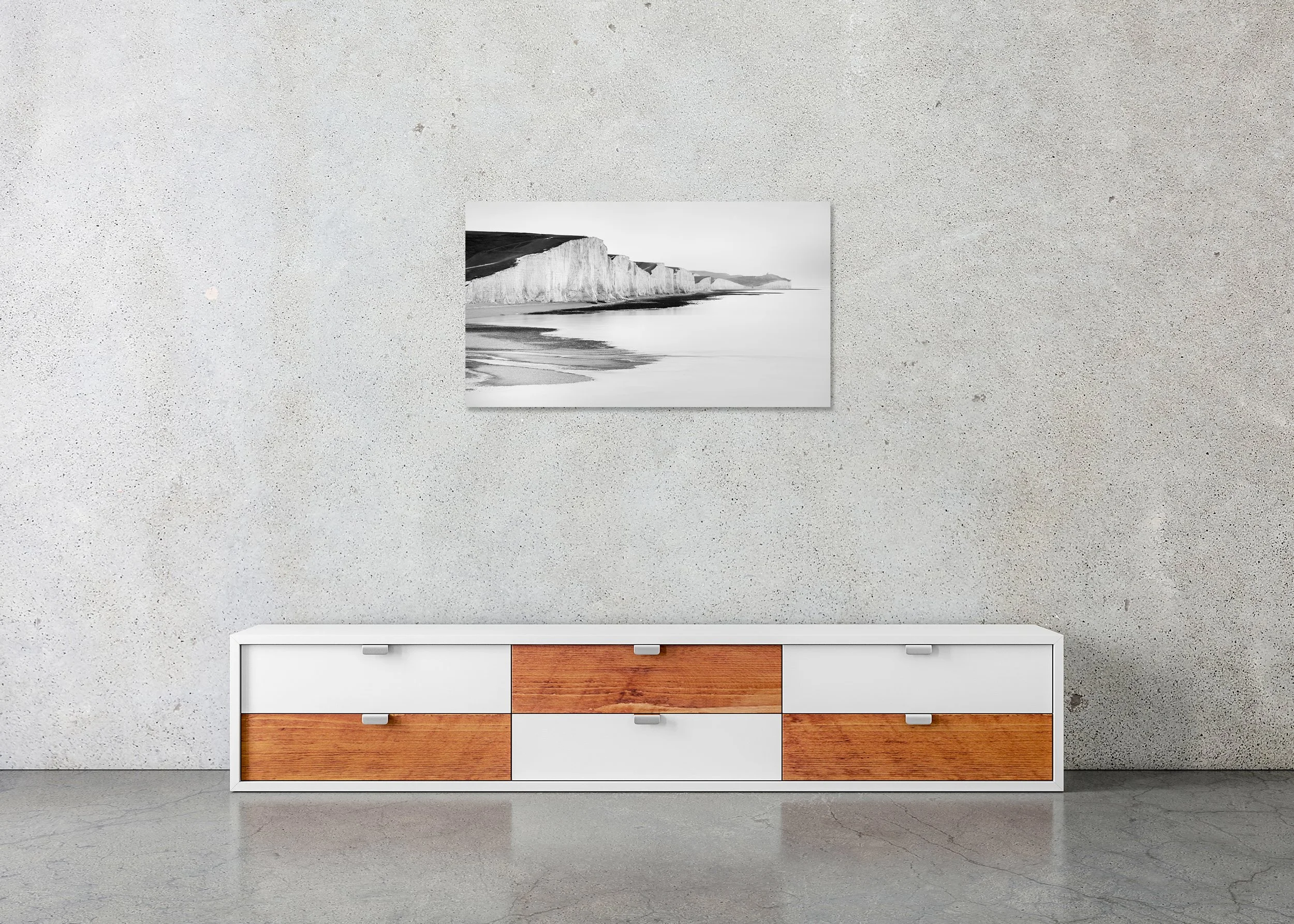 Dramatic white cliffs along the English Channel in Sussex, England, black and white photo print mounted to Dibond, frameless
