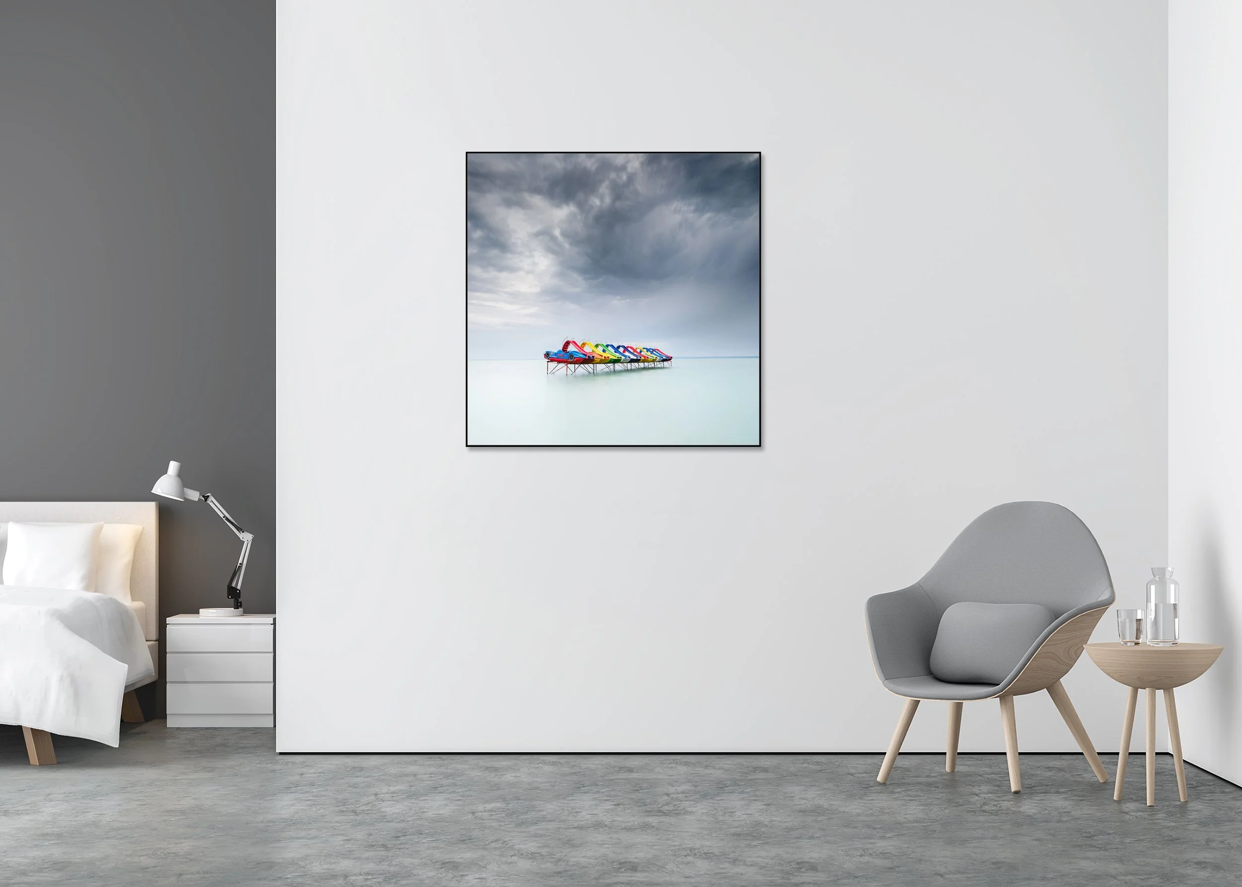 Pedal Boat, Colour Study 2 – colour photograph on Dibond in an aluminium ArtBox displayed in a minimalist interior. Photo by Gerald Berghammer.