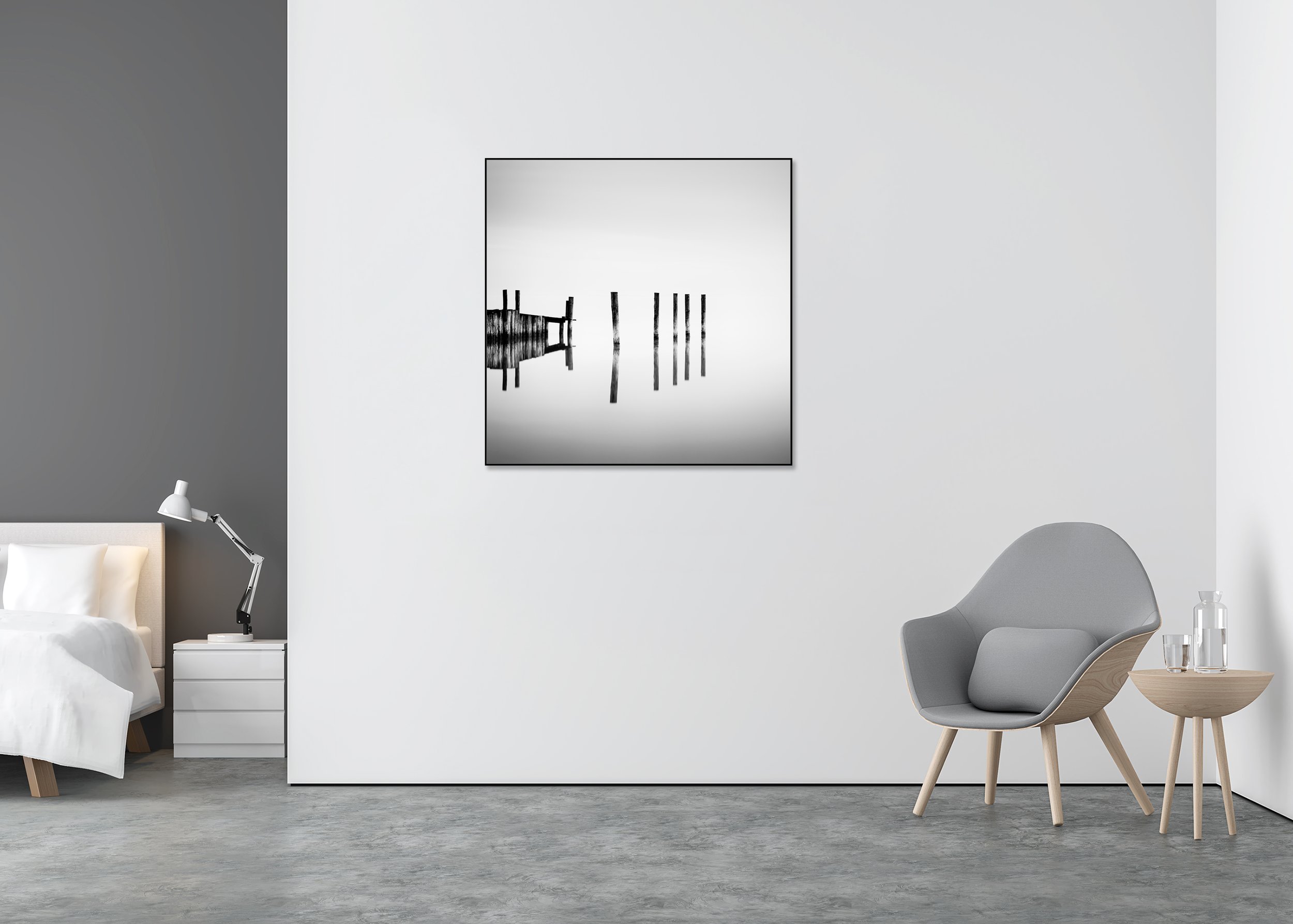 Abstract black-and-white photograph of wooden pier posts reflected in calm water at Lake Neusiedl, mounted on Dibond in an aluminium ArtBox.