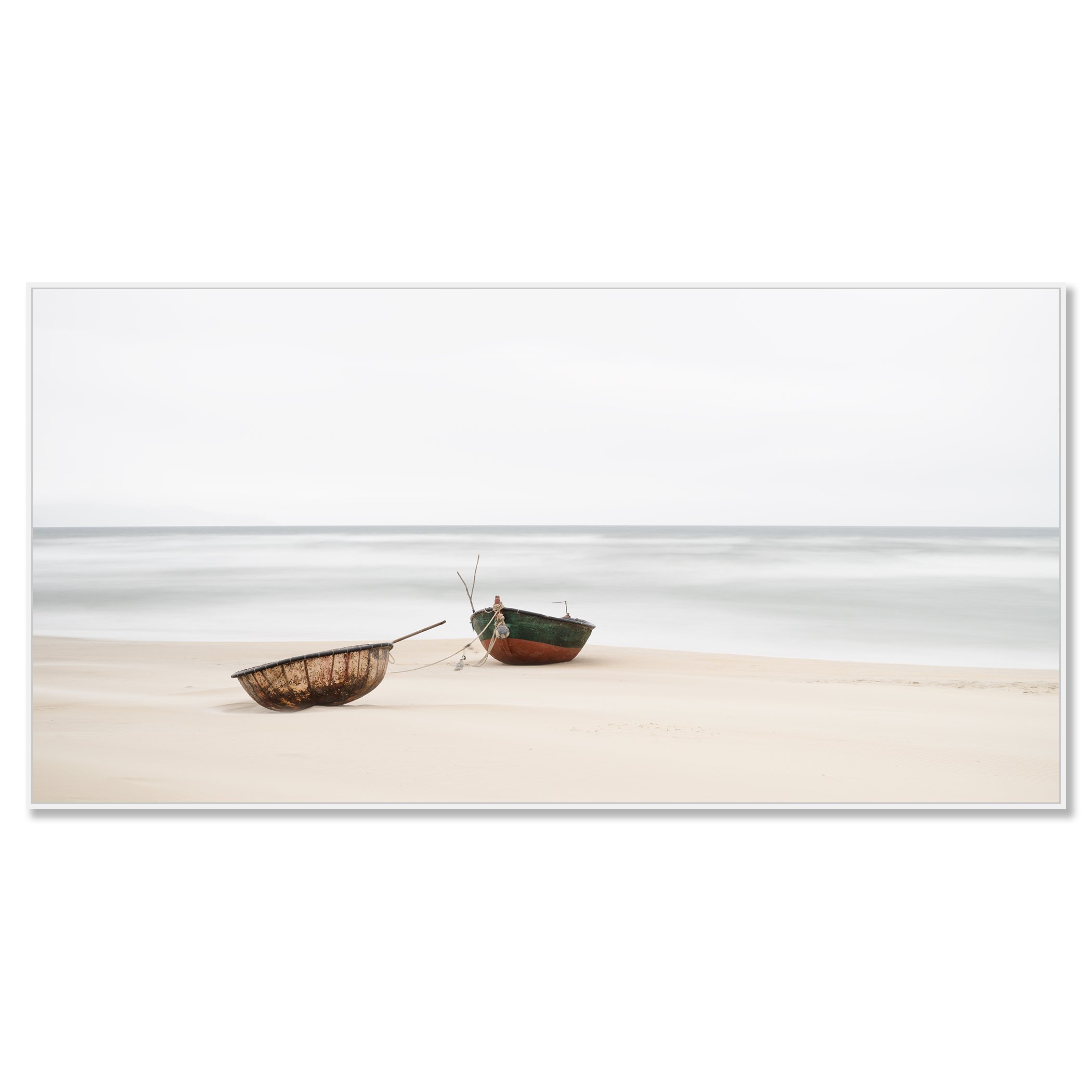 Long-exposure panorama of two boats on sandy Vietnam beach – framed ArtBox white