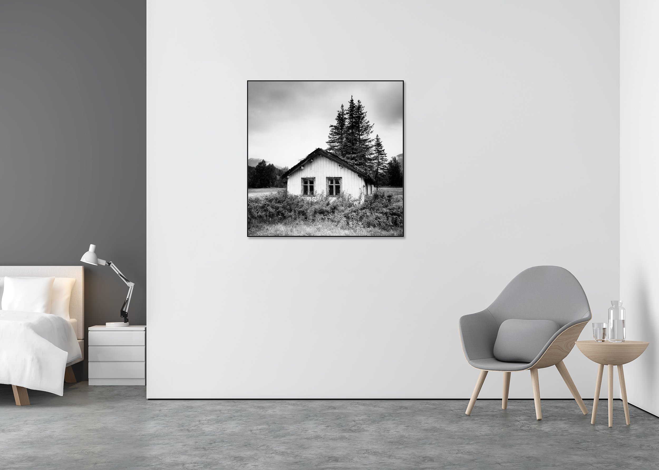 Trees on the Roof Study 1 – Norway displayed on a wall as a Dibond-mounted print in an aluminium ArtBox frame.