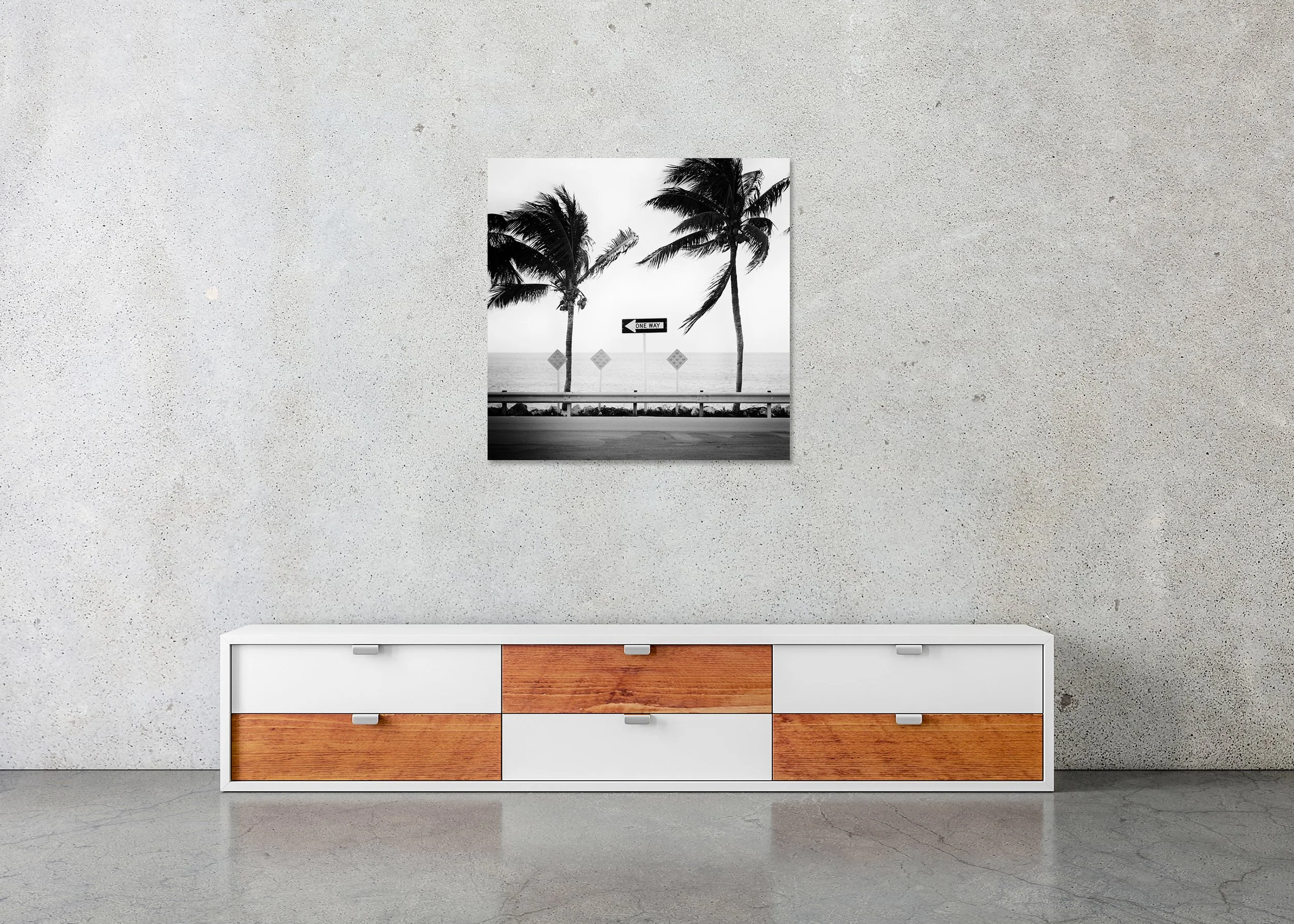 ONE WAY by Gerald Berghammer displayed as a frameless black-and-white Dibond print.