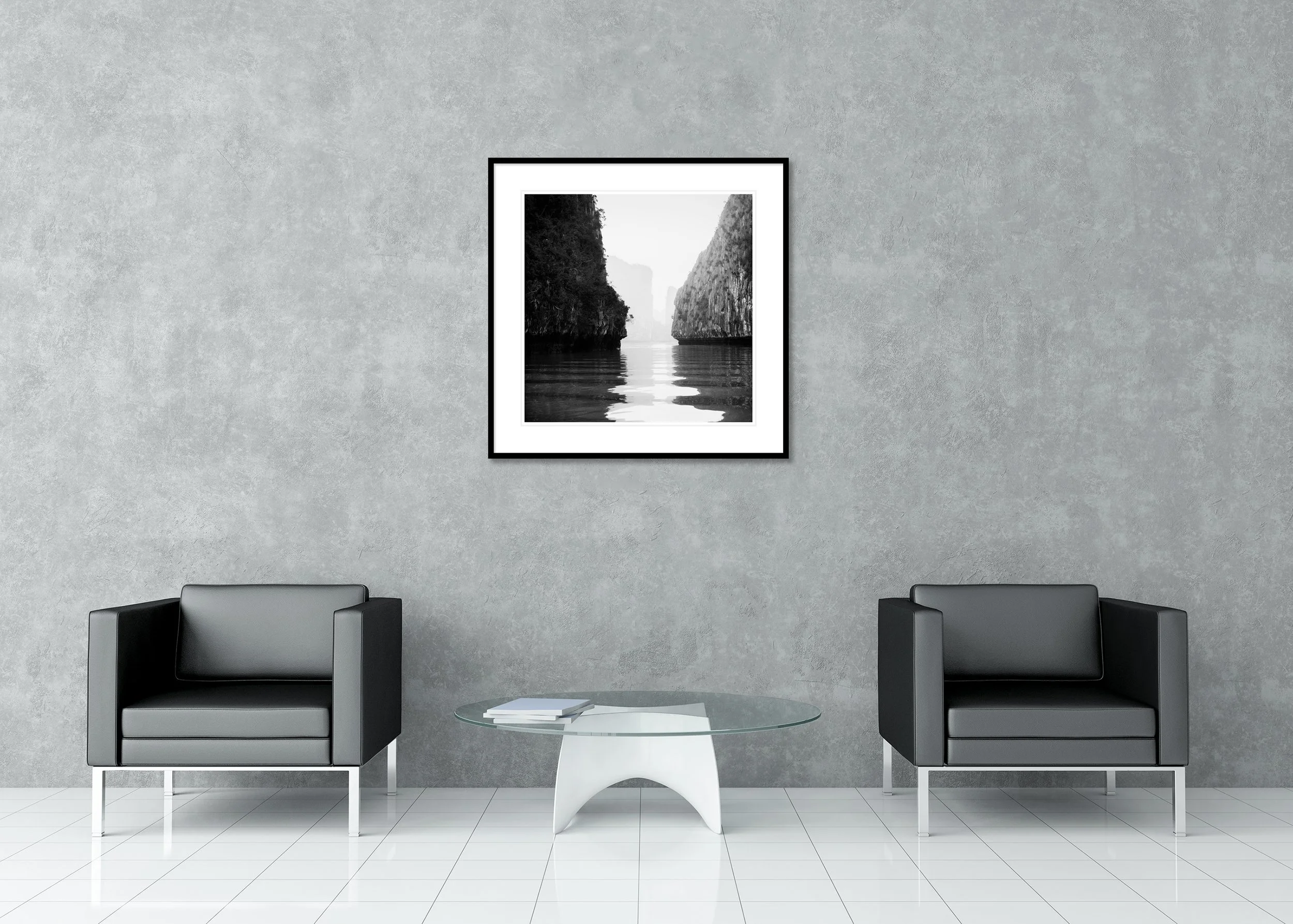 Tranquil black and white fine art photograph of karst cliffs reflected in calm water. Archival Pigment Print – Classic Frame with Passe-Partout
