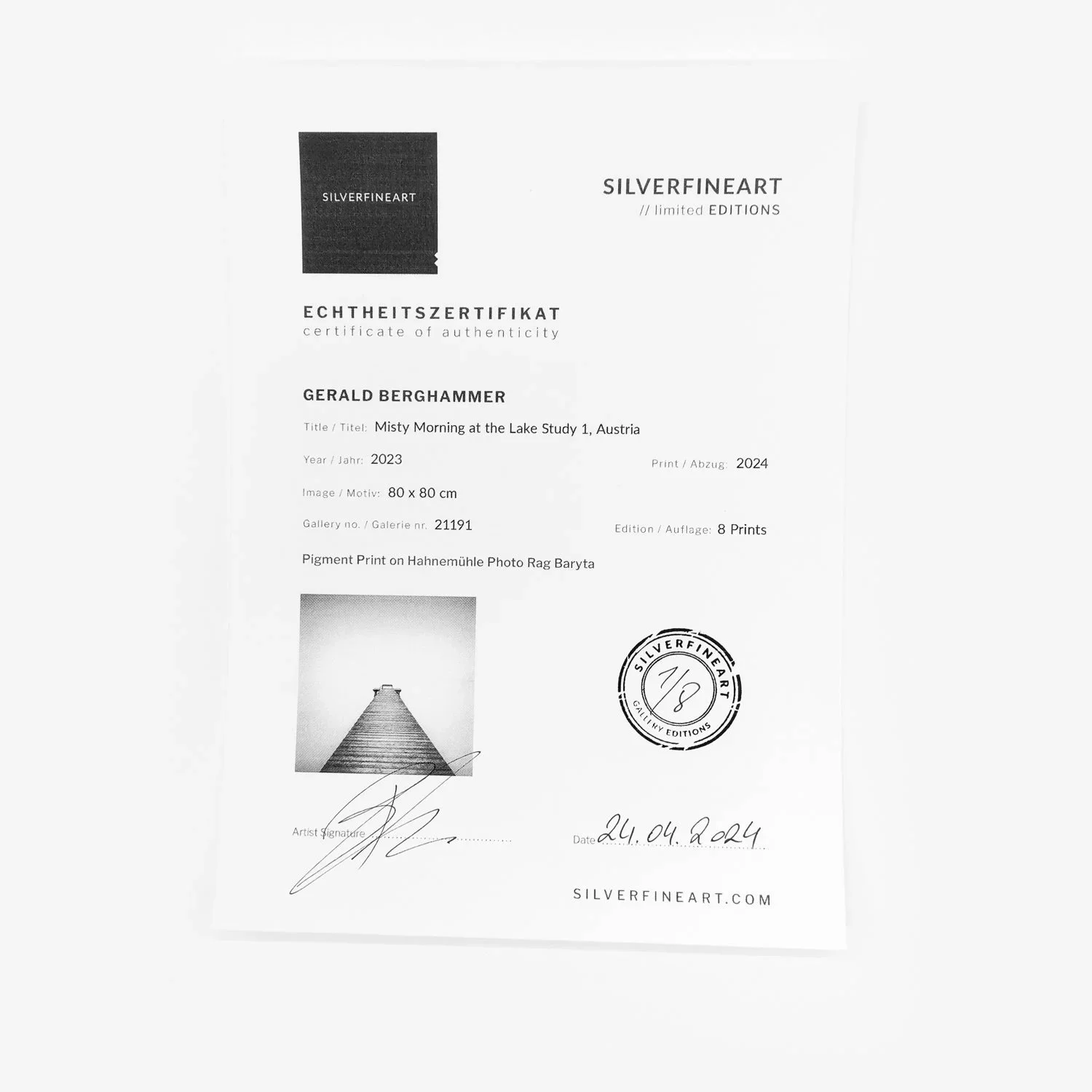 Certificate of Authenticity for Misty Morning at the Lake Study 1 by Gerald Berghammer, showing the artwork details, signature and gallery stamp.