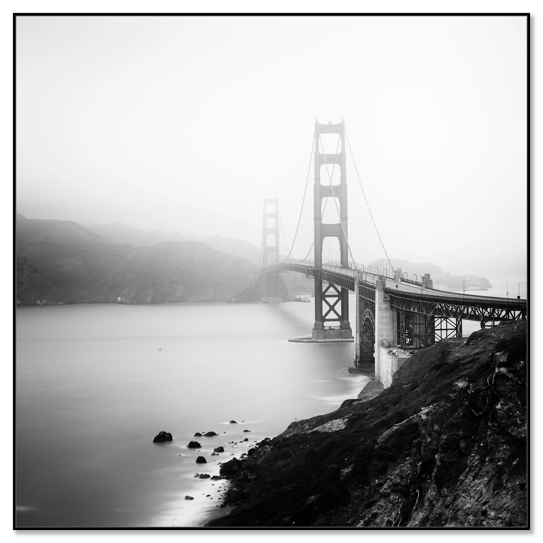 Golden Gate Bridge black-and-white photograph presented in a black aluminium ArtBox frame.
