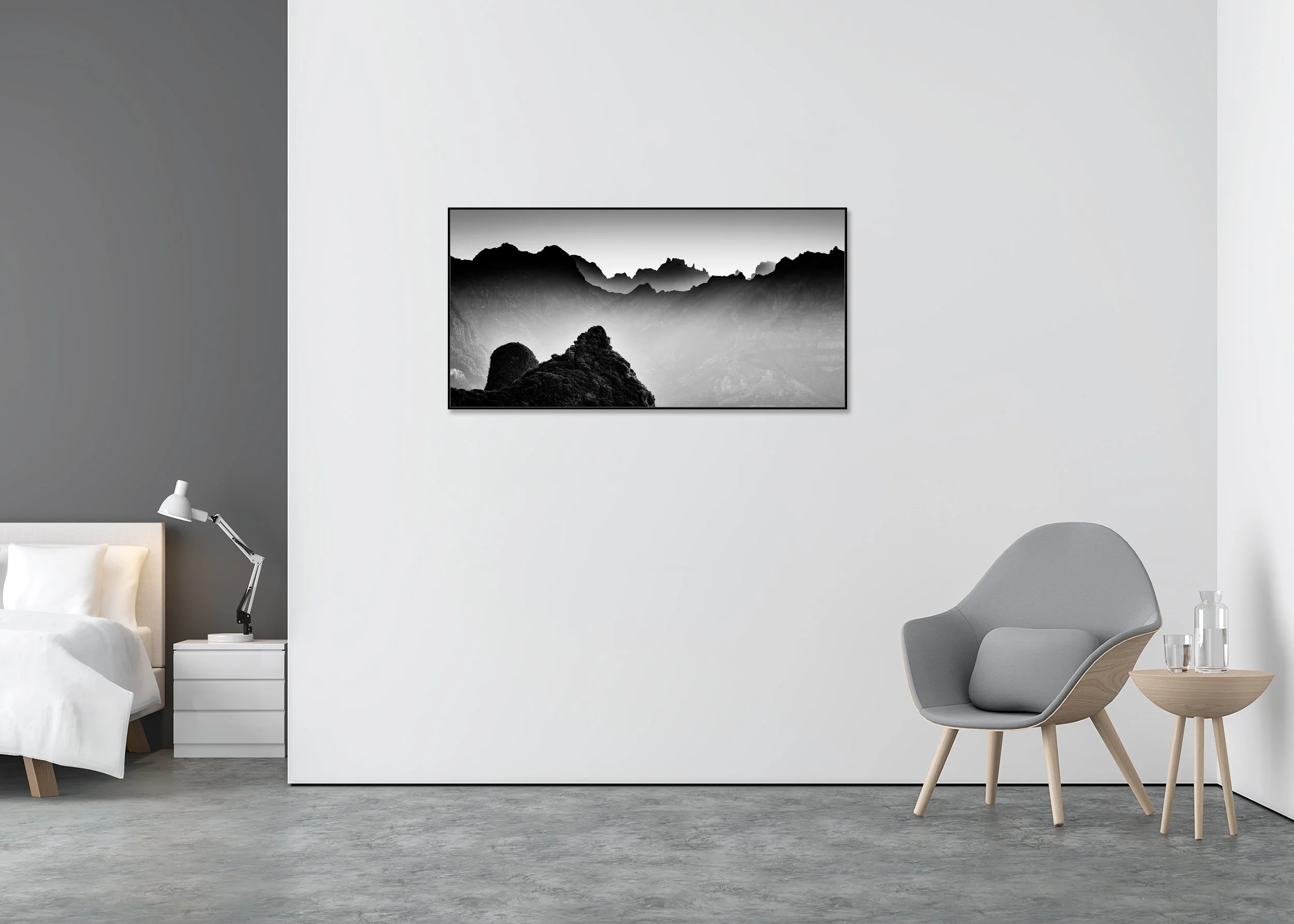Morning Light in the Mountains, Study 3 – Portugal, black-and-white Dibond print in a black aluminium ArtBox displayed in a minimalist bedroom.