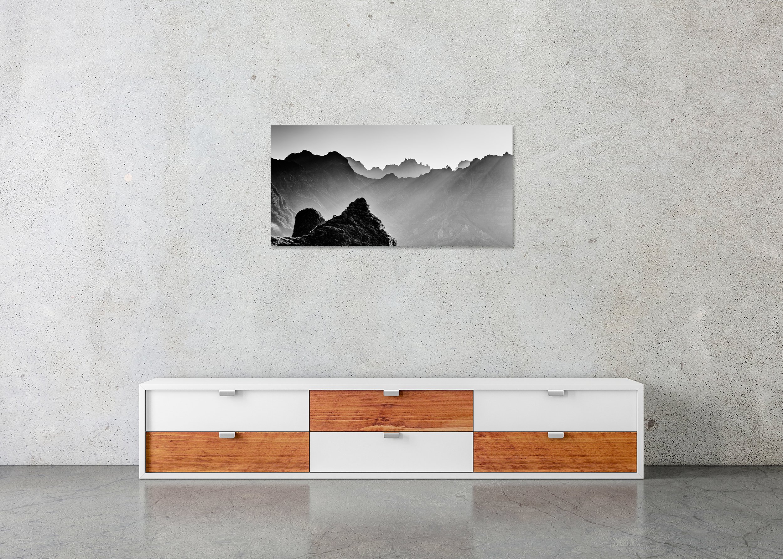 Morning Light in the Mountains Study 2 displayed as a frameless black-and-white Dibond print above a modern sideboard