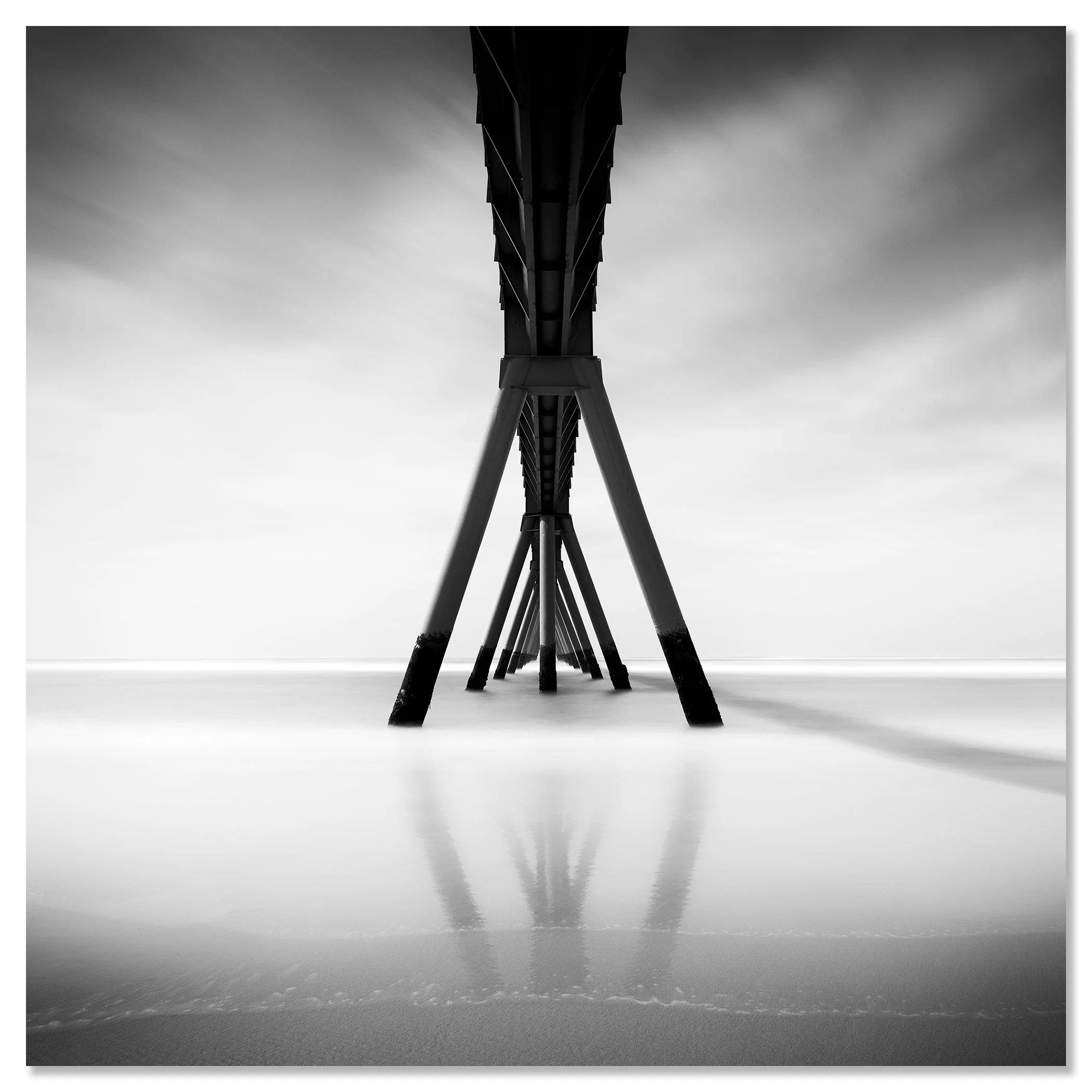 Wharf de la Salie pier on sandy beach in France, minimalist black-and-white fine art photograph of a coastal seascape – dibond frameless