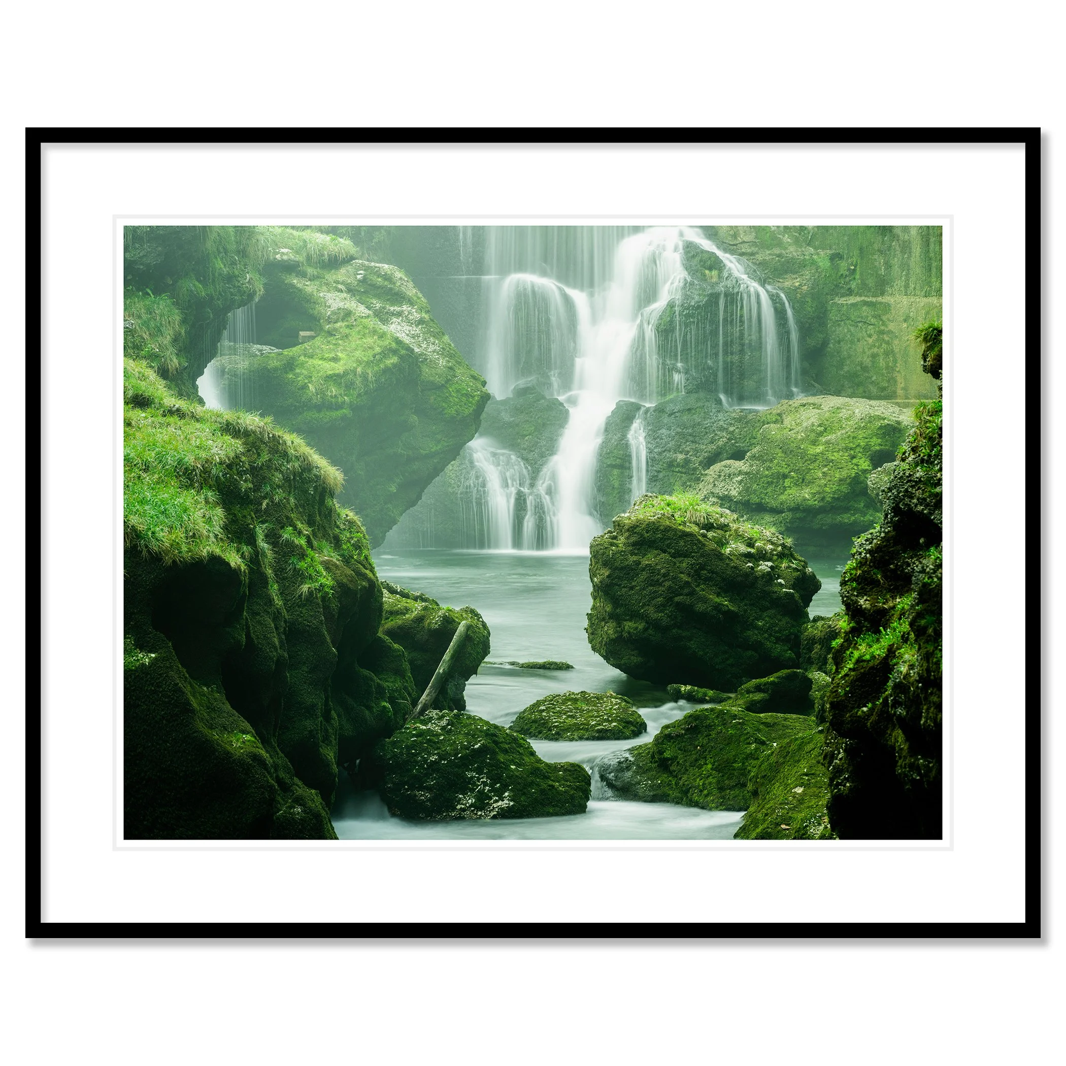 Moss-Covered Waterfall Study 1 presented in a black aluminium frame with a white mount and anti-reflective glass by Gerald Berghammer.