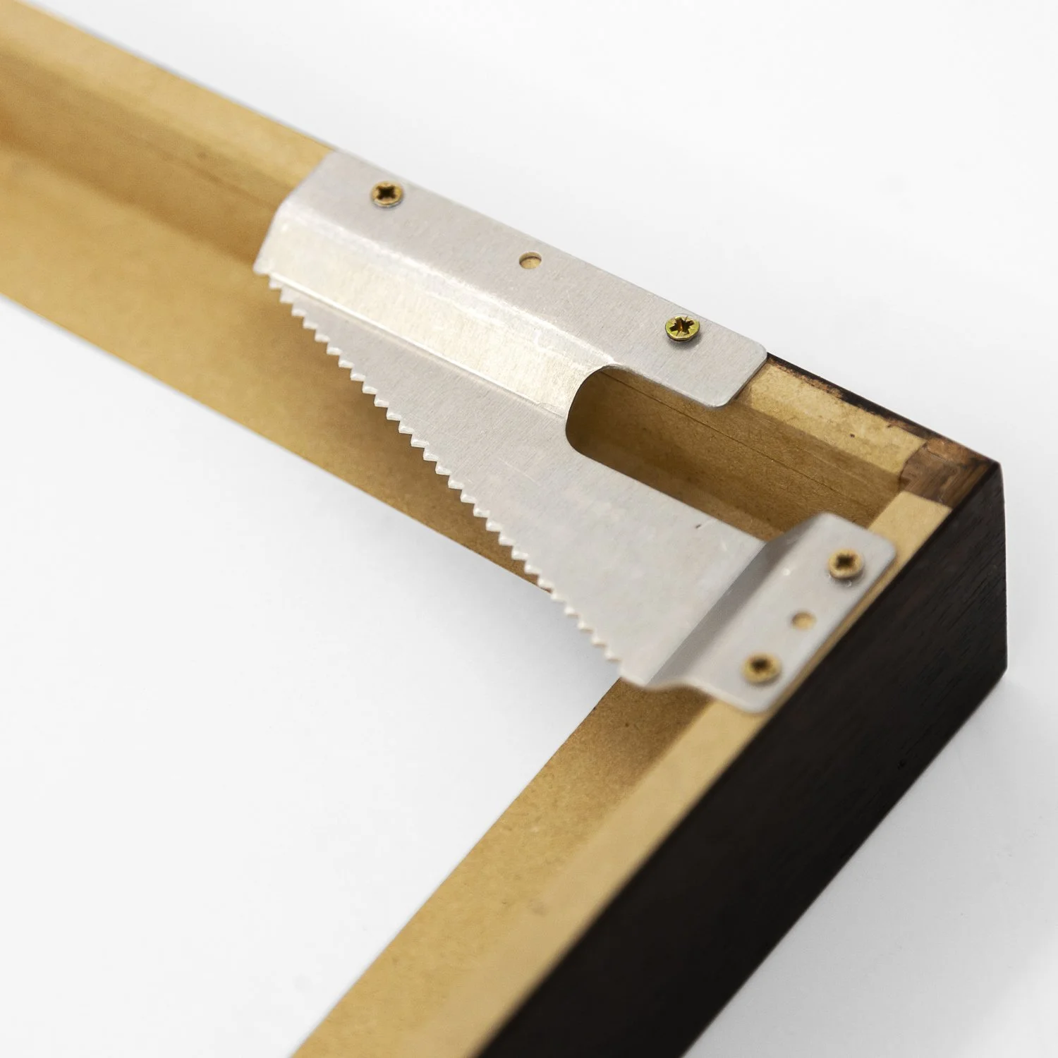 Rear frame detail of Gondola Study 1 by Gerald Berghammer, showing the metal wall-hanging hardware attached to the wooden frame.