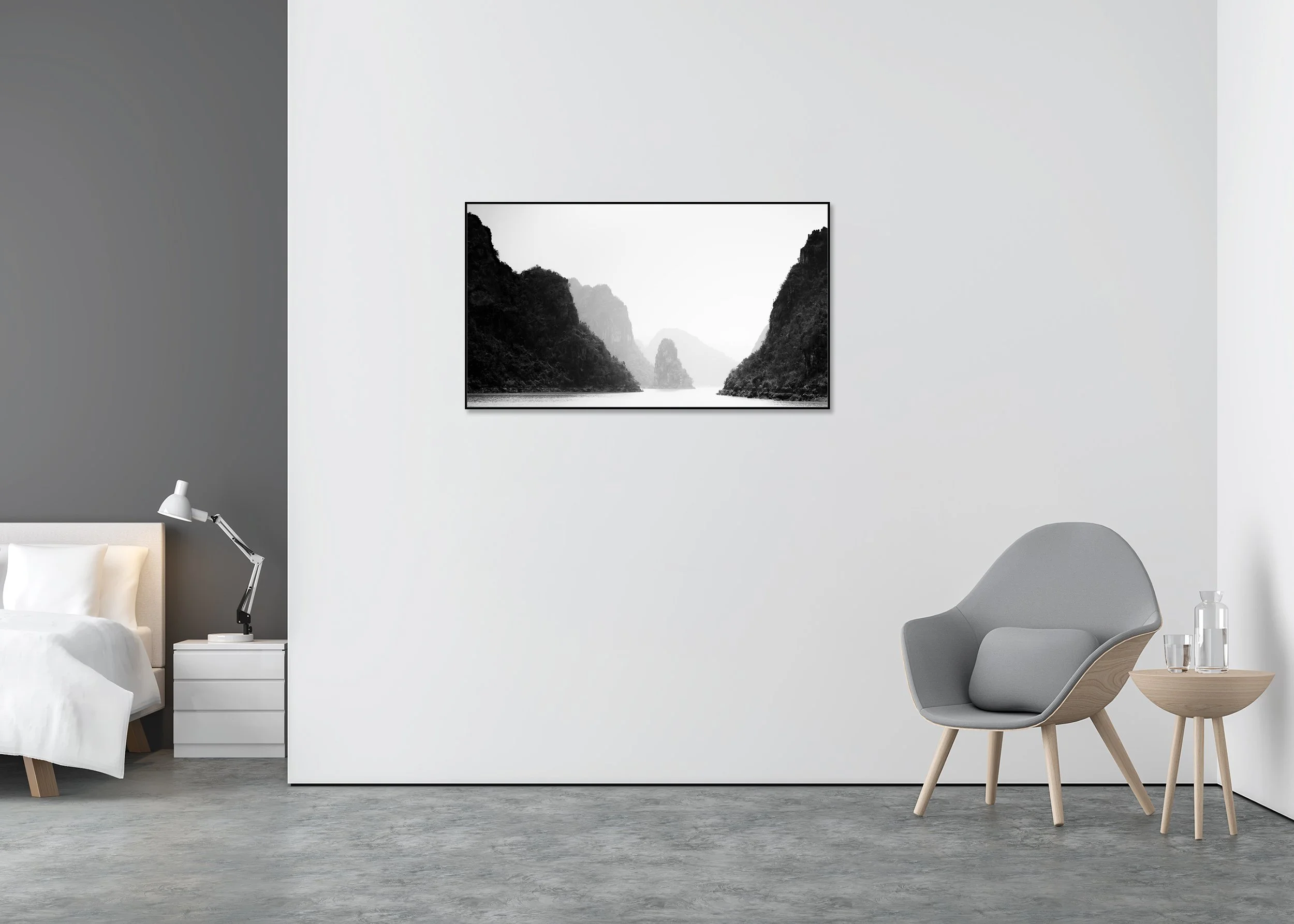 Black-and-white minimalist photograph of misty limestone karsts rising from calm water in Ha Long Bay, Vietnam for a ChromaLuxe metal print in an Aluminium ArtBox