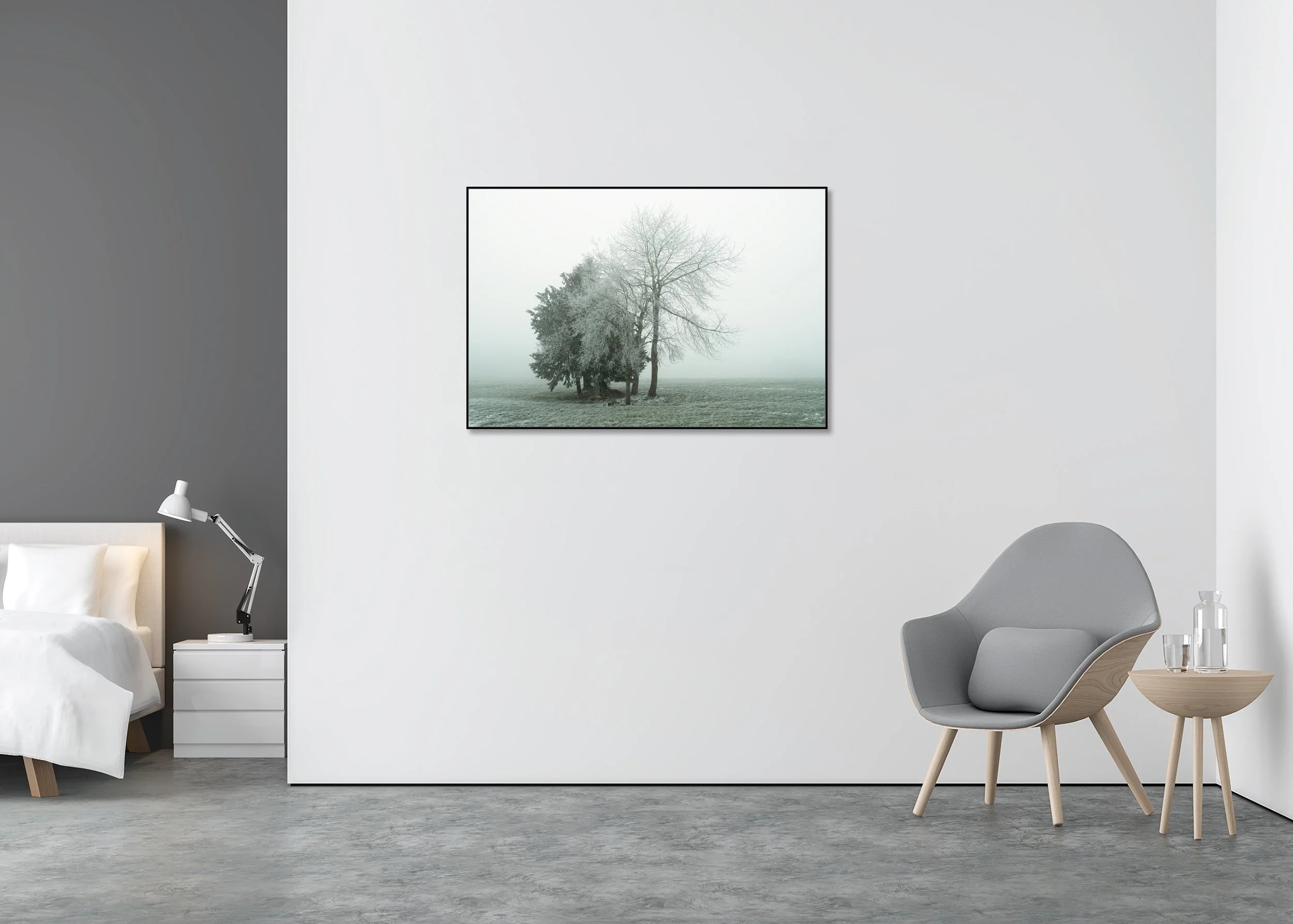 Group of Hoar-Frosted Trees Study 1 displayed in a modern interior as a colour Dibond print in a black aluminium ArtBox frame by Gerald Berghammer.