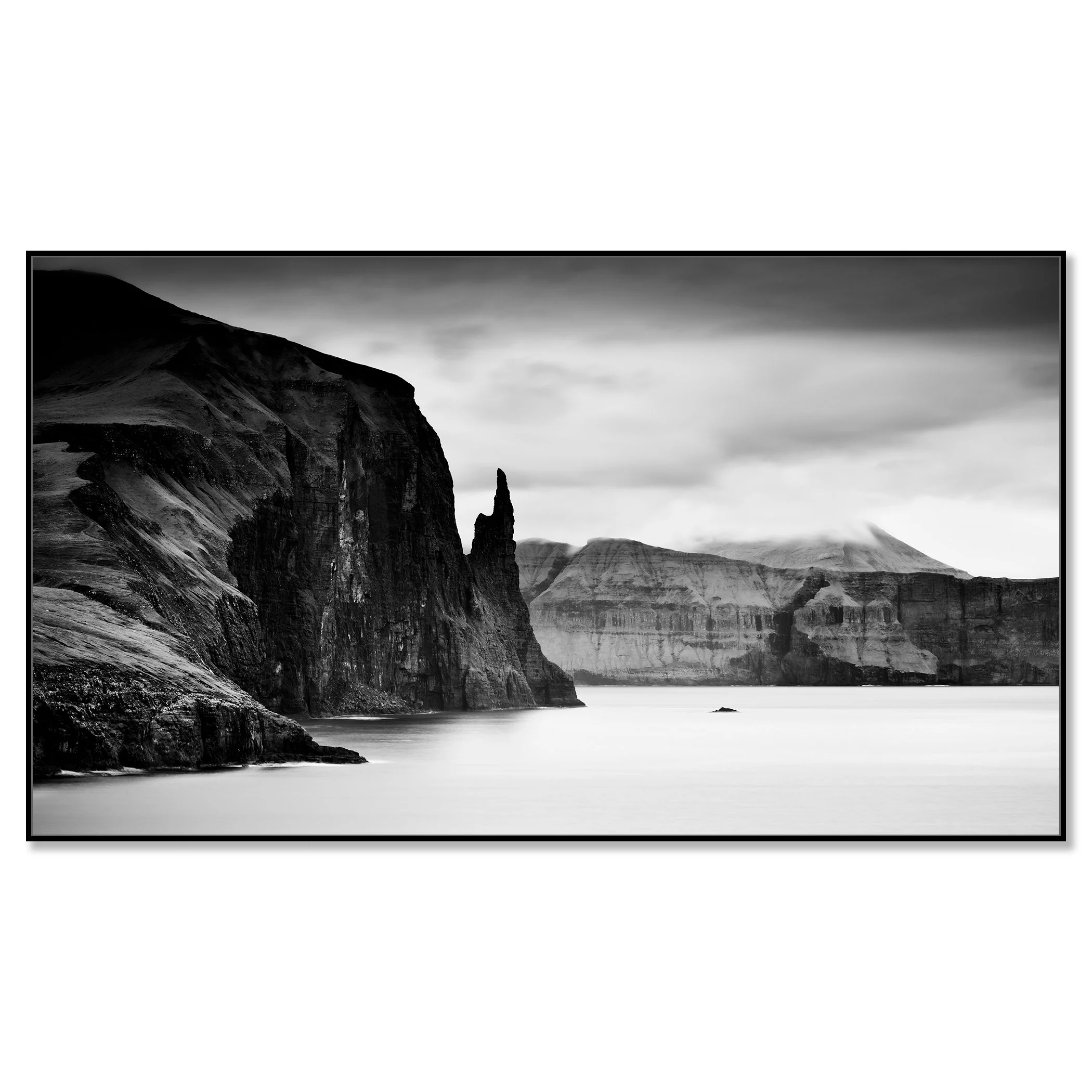Trøllkonufingur Monolith Panorama black-and-white photograph in a black aluminium ArtBox frame
