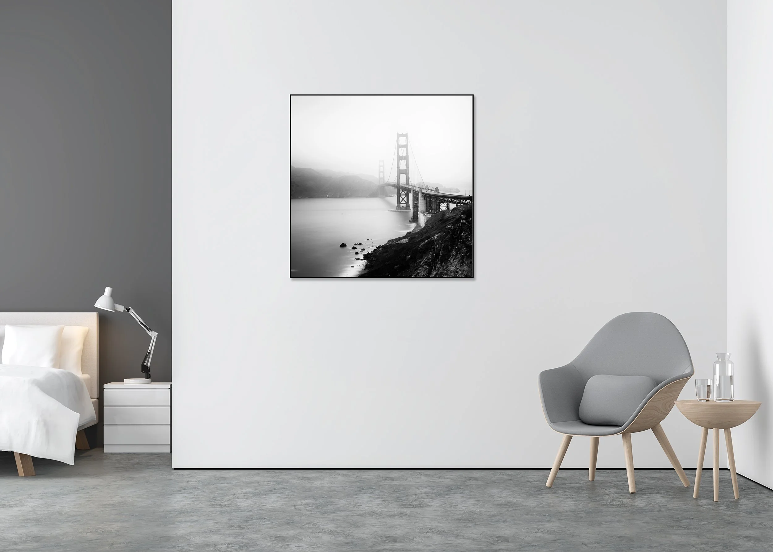 Misty monochrome view of the Golden Gate Bridge with coastline and calm water, mounted as a Dibond photo print in an aluminium ArtBox
