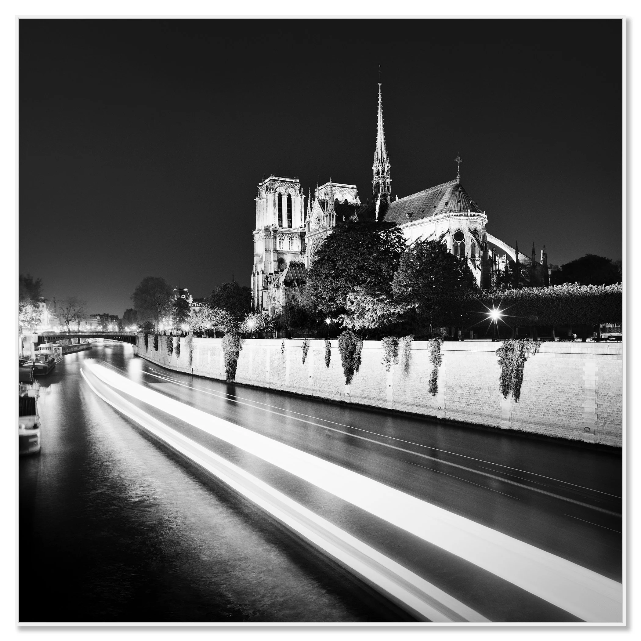 Notre-Dame Night Study 1 by Gerald Berghammer displayed as a black-and-white Dibond print in a white aluminium ArtBox frame.