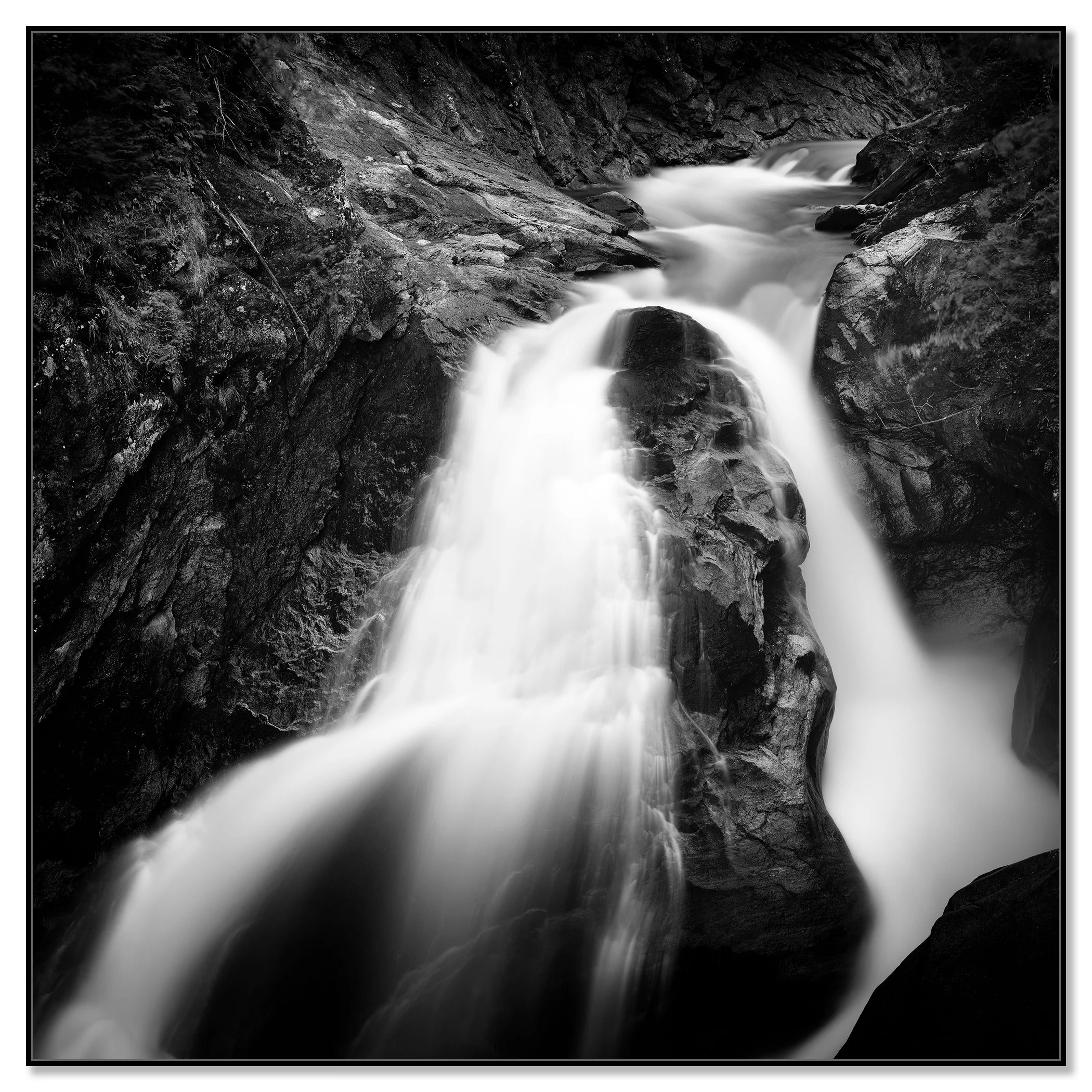 Black-and-white landscape photograph of the Krimmler Ache below Krimml Waterfall, Austria – framed ArtBox black