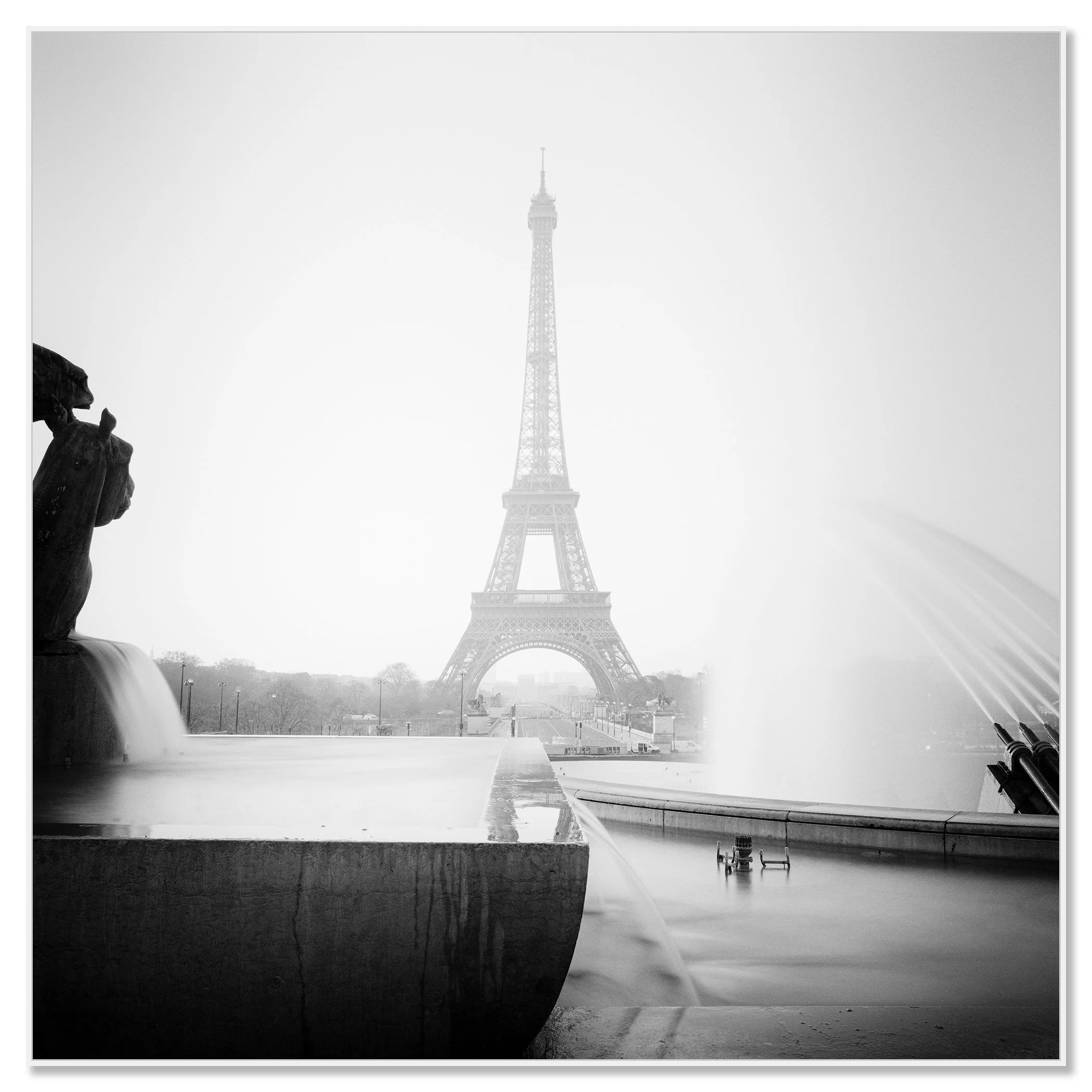 Eiffel Tower Study 3, Paris – black-and-white Dibond photograph in a white aluminium ArtBox frame