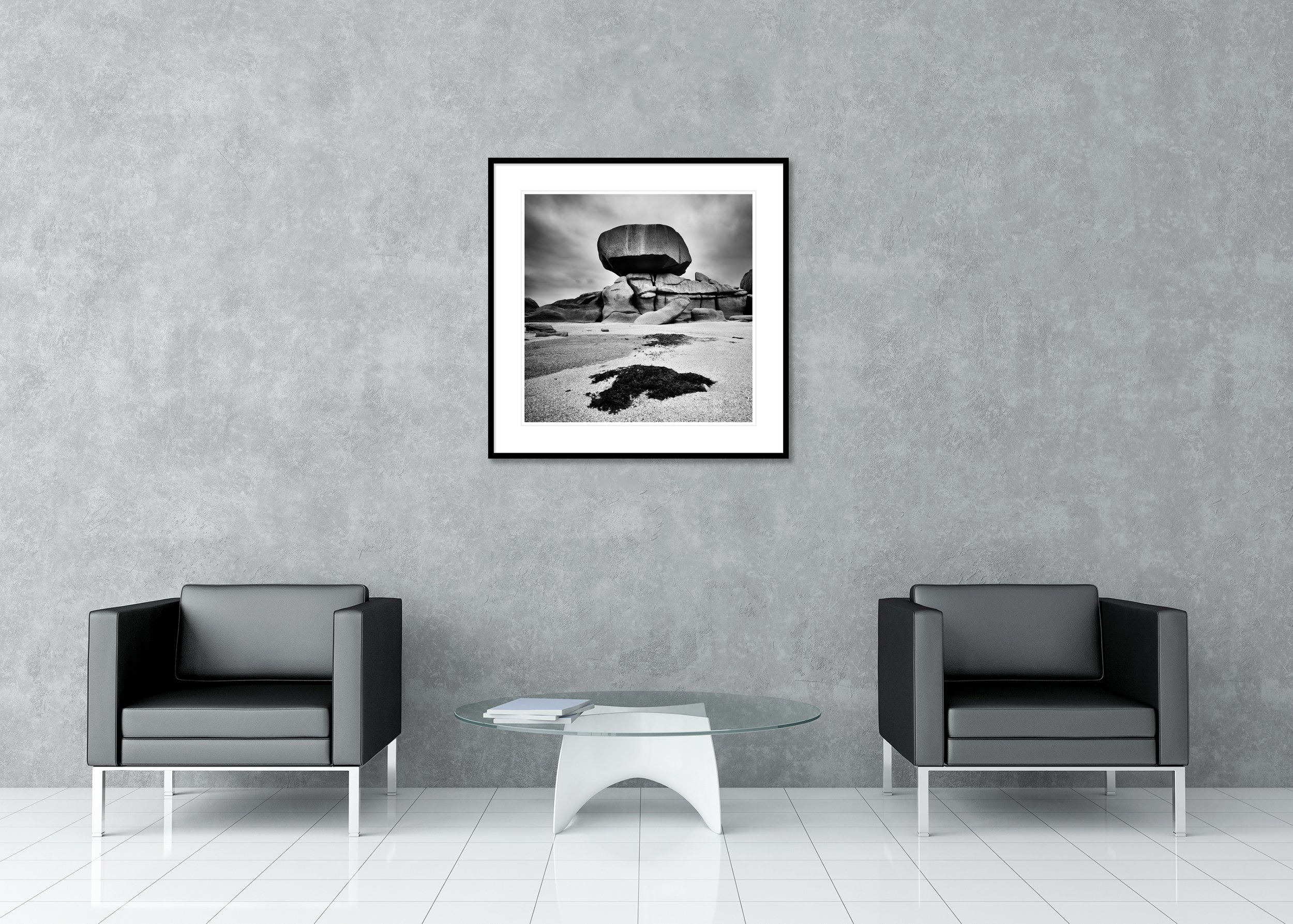 Pink Granite Coast, Study 3 – archival pigment print in an aluminium frame with a white mount, displayed in a modern interior.