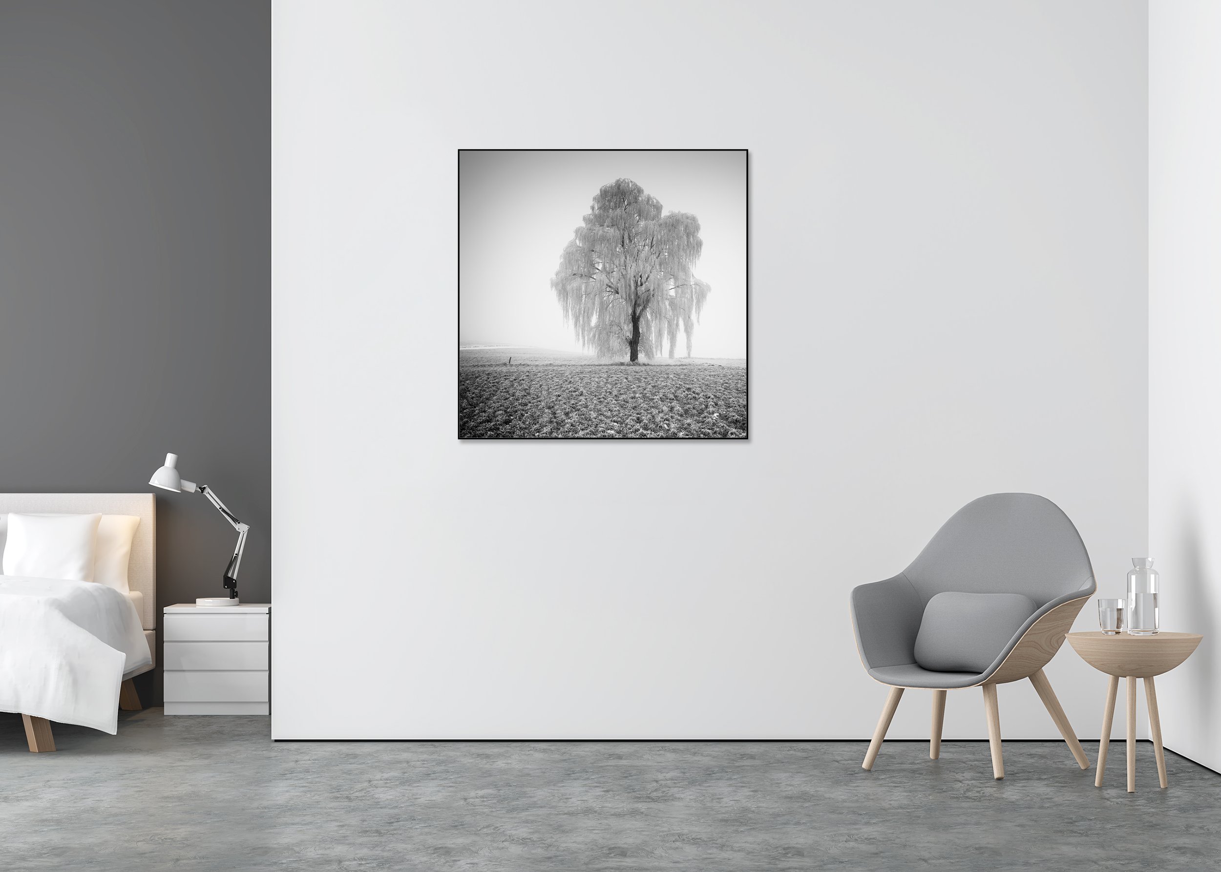 Black-and-white photo of a frost-covered willow tree in a misty winter field with fog and frozen grass on a ChromaLuxe metal print Aluminium ArtBox.