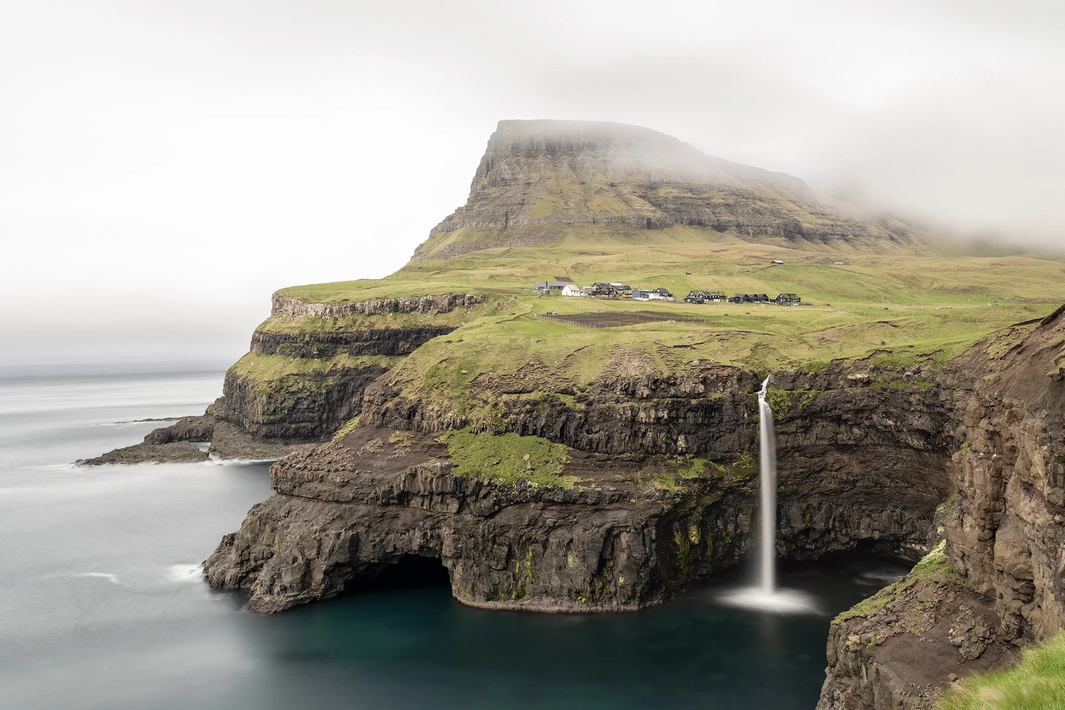 Múlafossur Waterfall Study 1, colour fine art photograph of Gásadalur village, Vágar and the North Atlantic in the Faroe Islands by Gerald Berghammer.