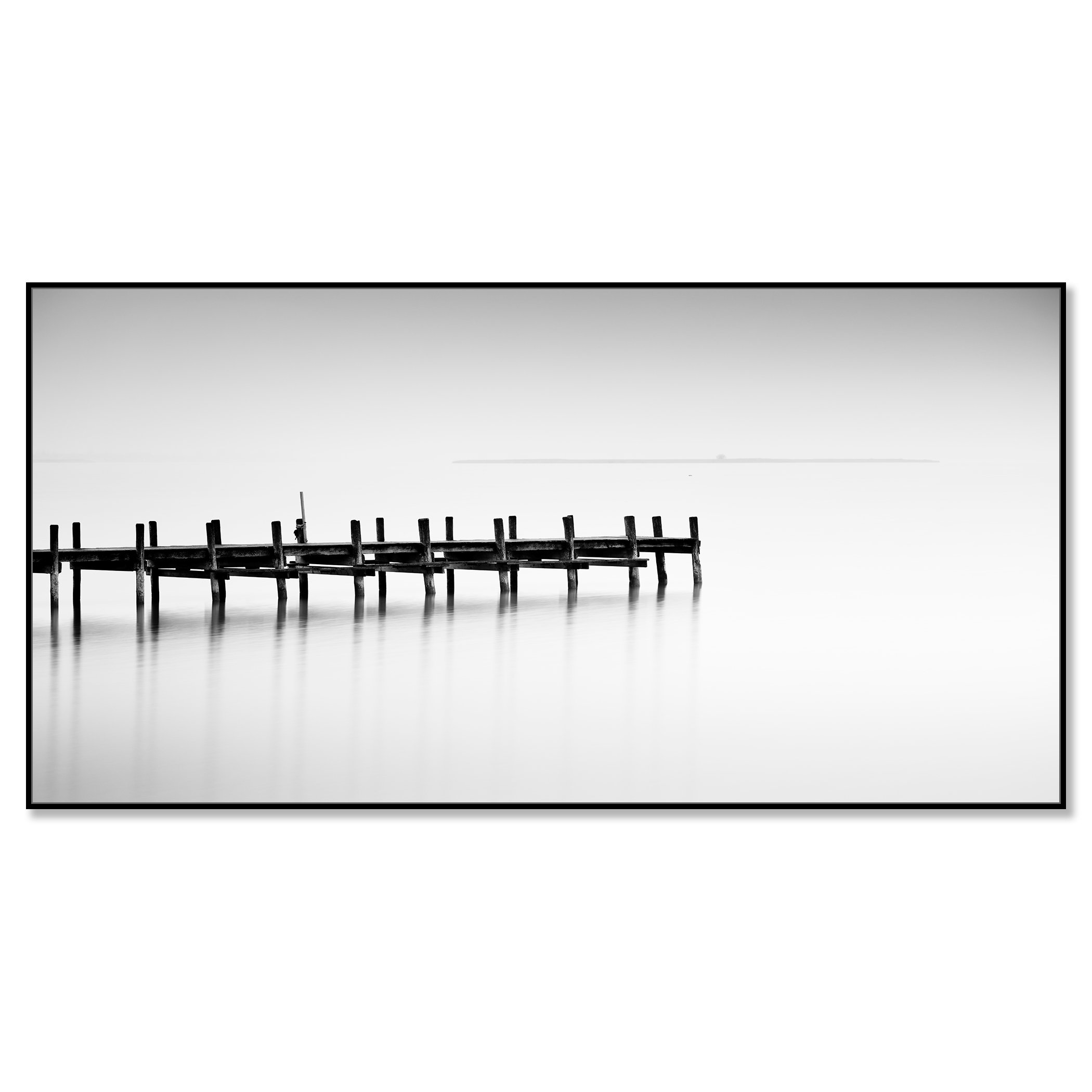 Black-and-white wooden dock panorama mounted on Dibond with a black aluminium ArtBox frame.