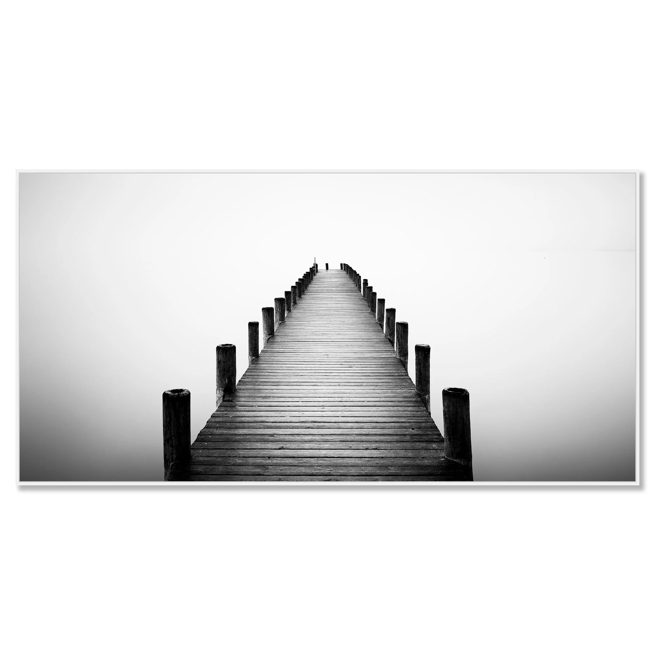 Black and white wooden pier disappearing into dense fog – framed ArtBox white