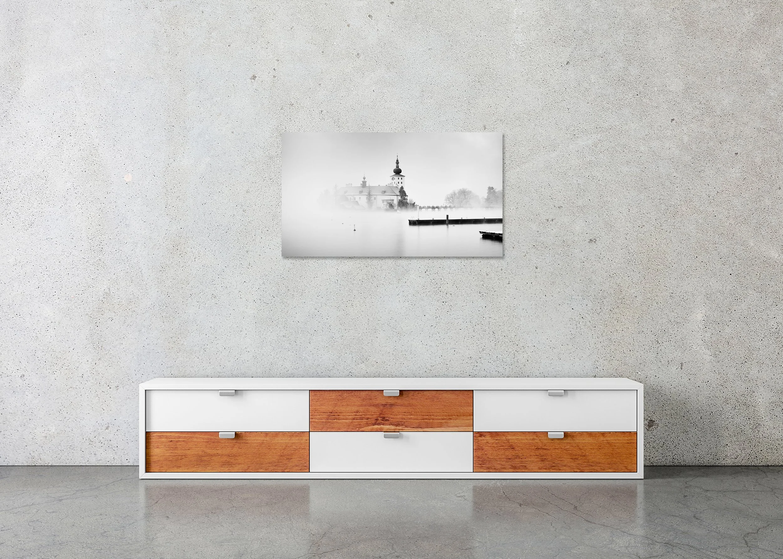 Gerald Berghammer - Seeschloss Ort, minimalist waterscape, foggy morning, Austria, ChromaLuxe print on aluminium, frameless