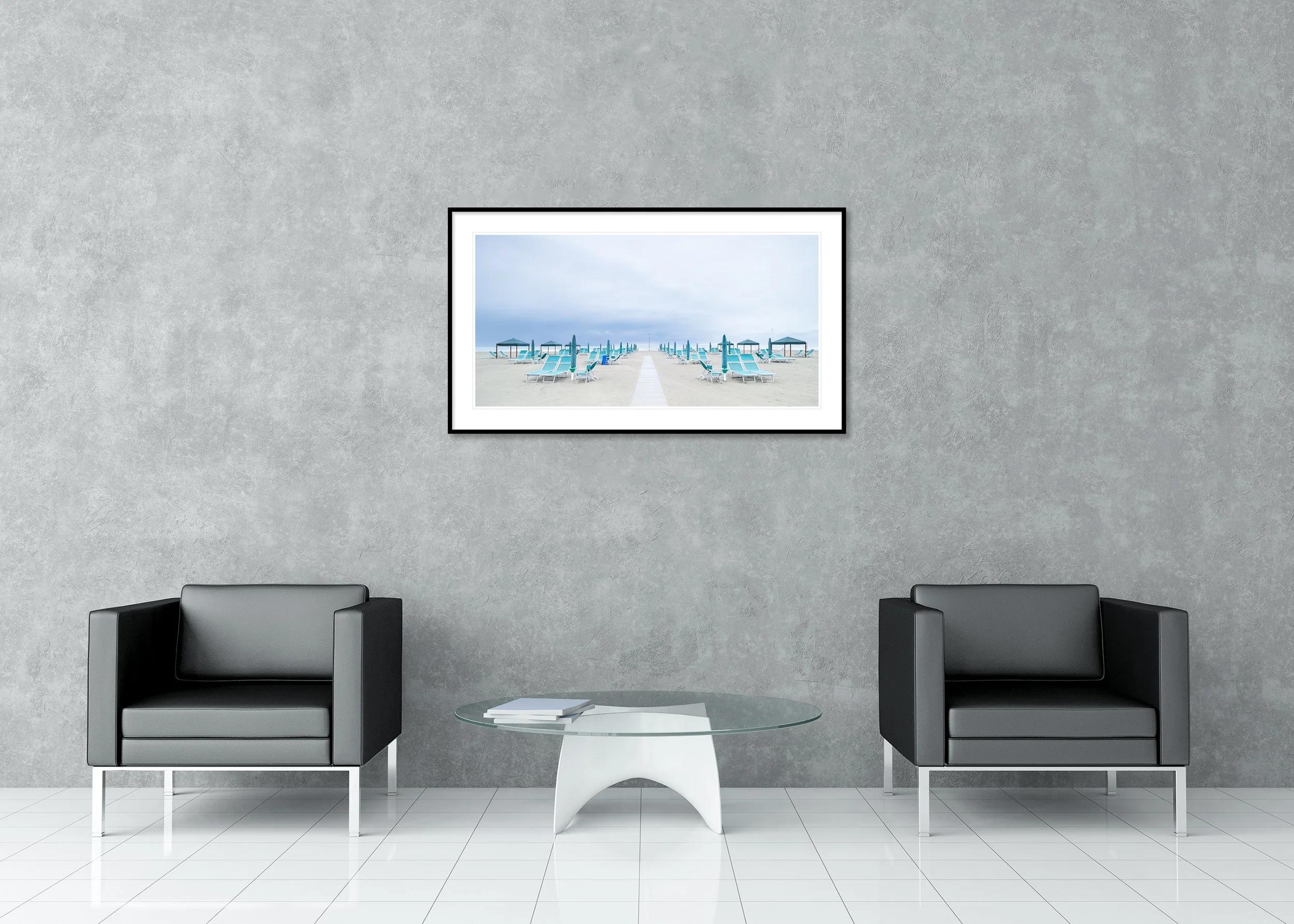 Sun Loungers on the Beach, Study 4 – archival pigment print in a black aluminium frame with a white mount in a modern lounge.