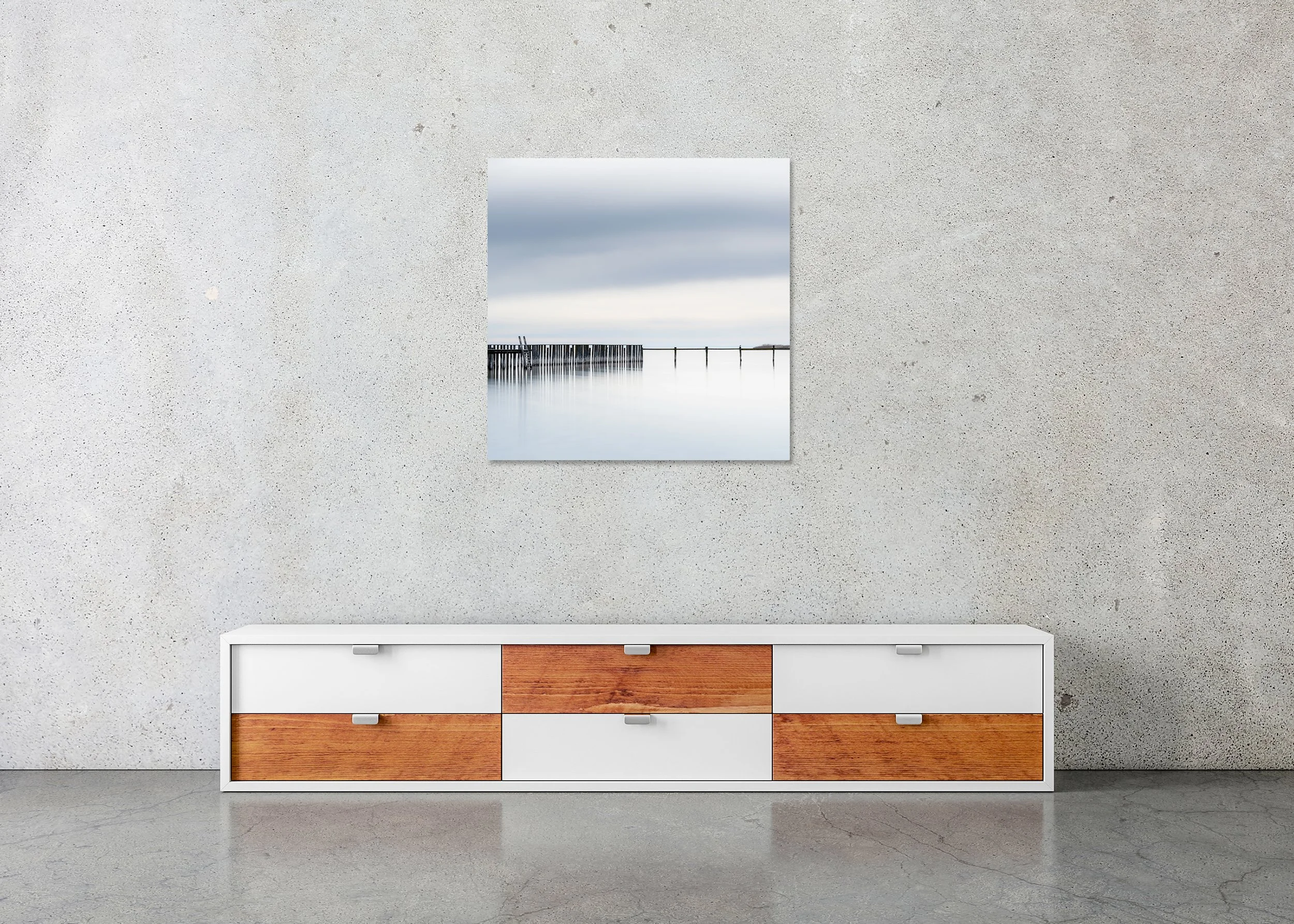 Swimming Area, Colour Study 1 – frameless colour photograph on aluminium Dibond displayed in a minimalist interior. Photo by Gerald Berghammer.