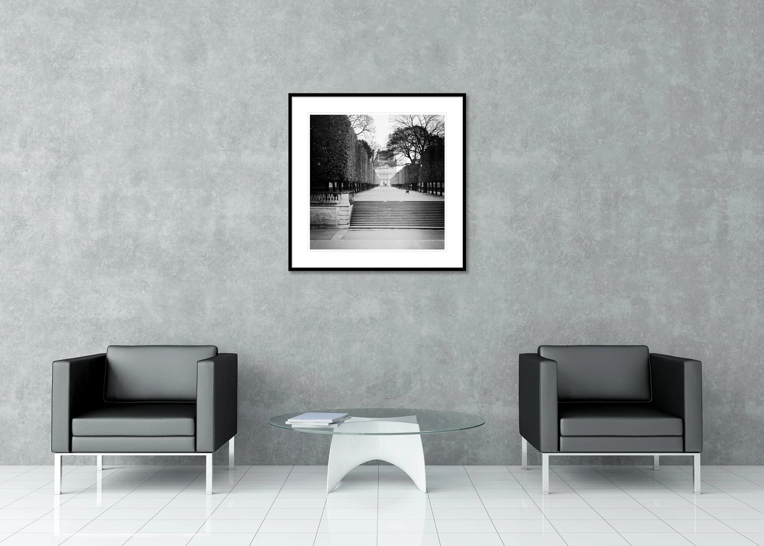 Monochrome print of clipped trees and a wide walkway facing the Pavillon de Flore, Paris, archival pigment print in a classic frame with a mount.