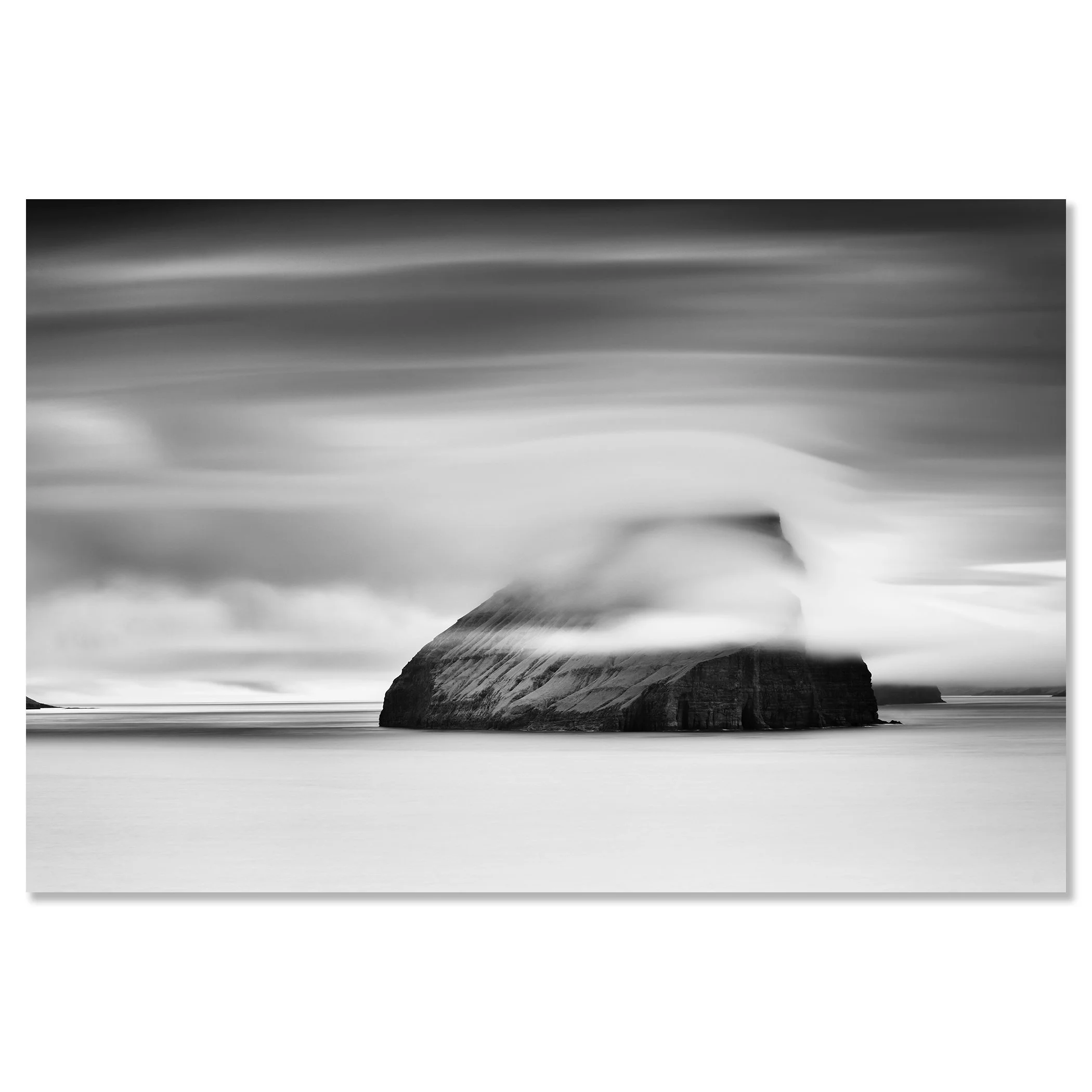 Moody monochrome seascape of a rocky island in the Faroe Islands wrapped in mist and cloud – dibond frameless