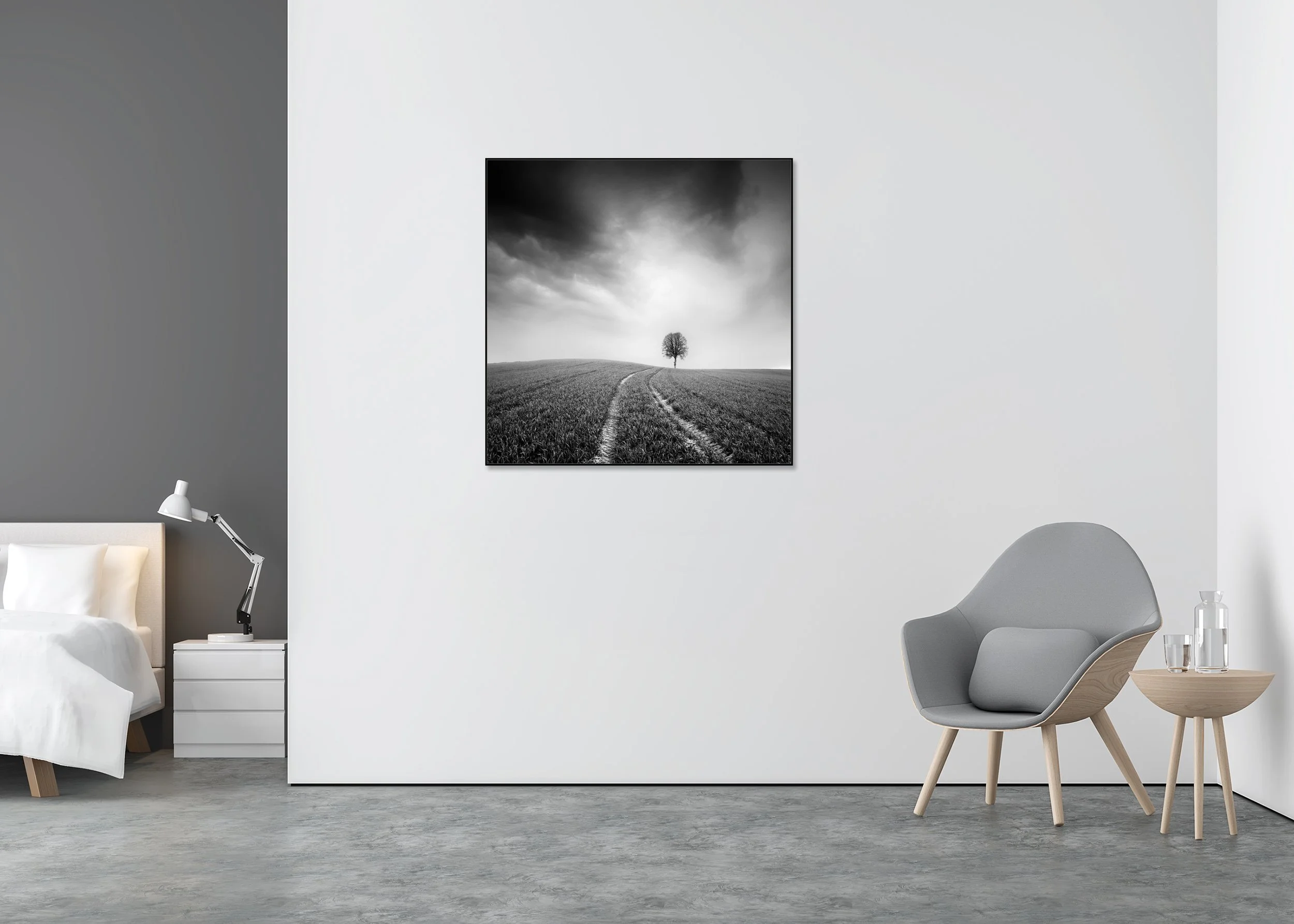 Farmland, Study 3 – Austria, black-and-white Dibond print in a black aluminium ArtBox displayed in a minimalist bedroom.