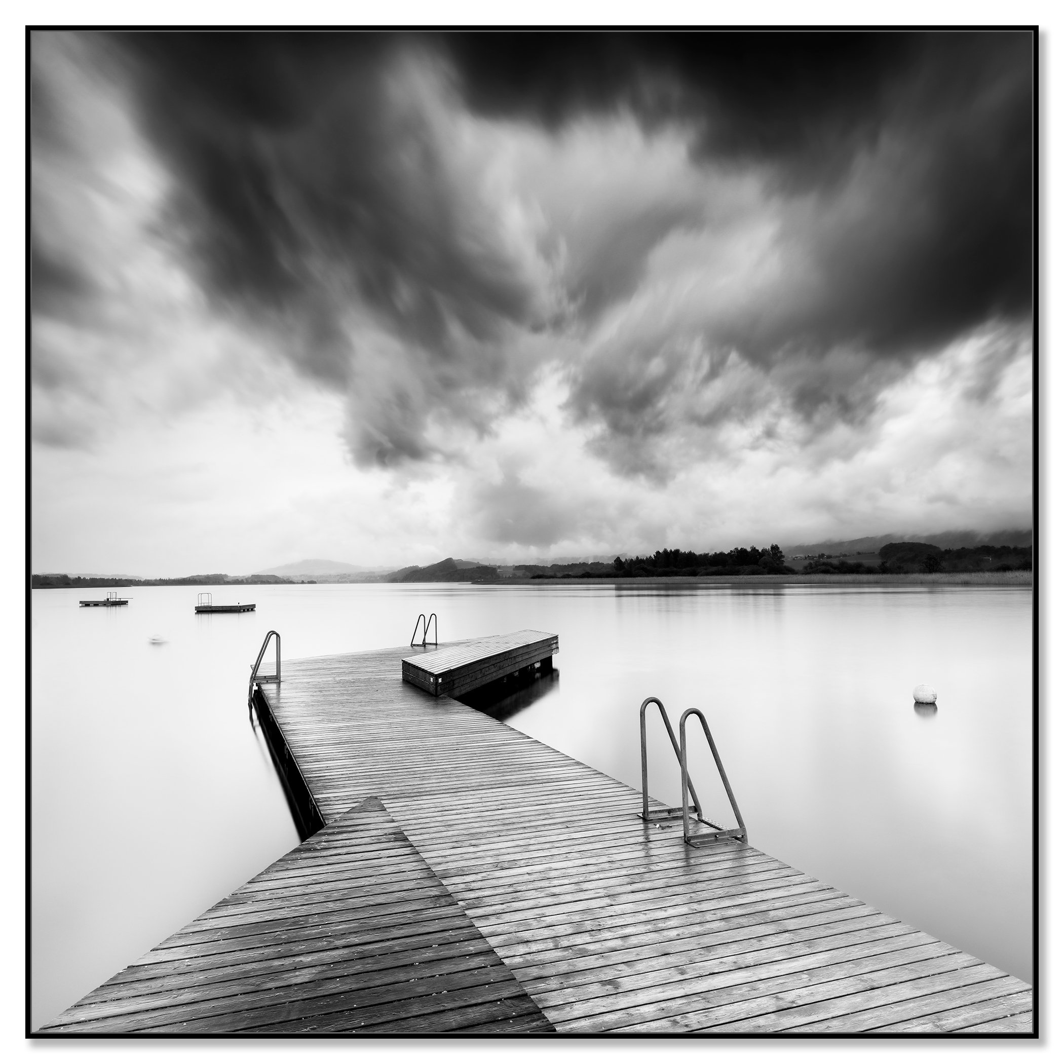 Wooden Pier in a Storm, Study 1 – black-and-white Dibond print in a black aluminium ArtBox frame
