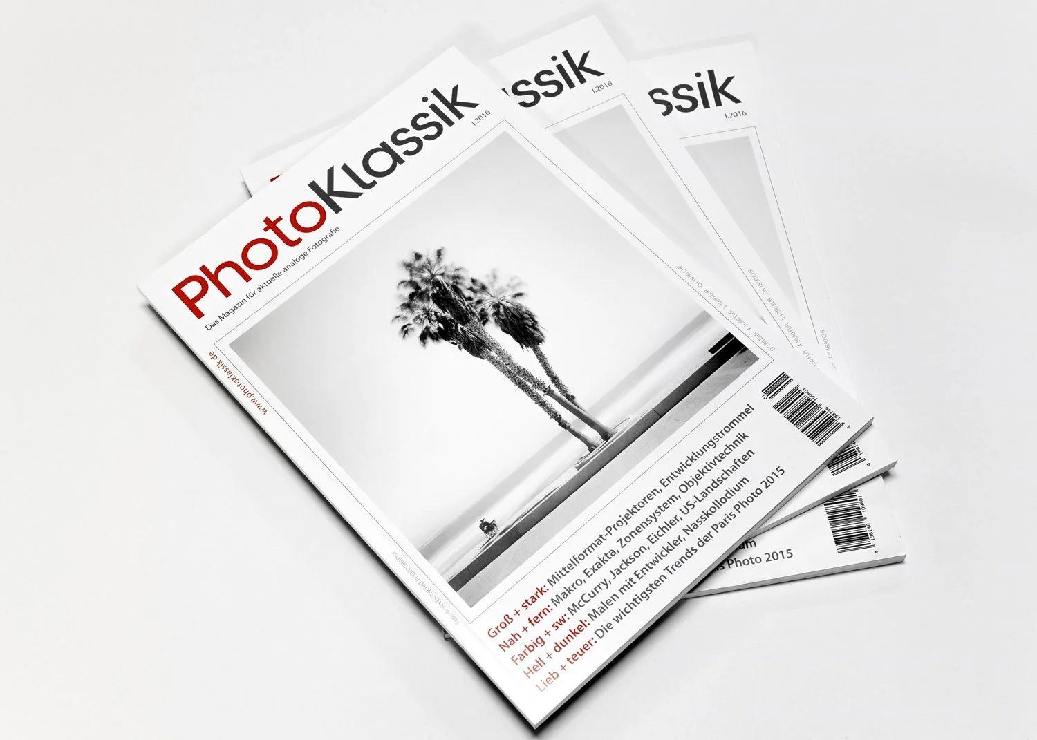 PhotoKlassik Issue 1/2016 magazine covers featuring minimalist black-and-white palm tree photography by Gerald Berghammer for SILVERFINEART.