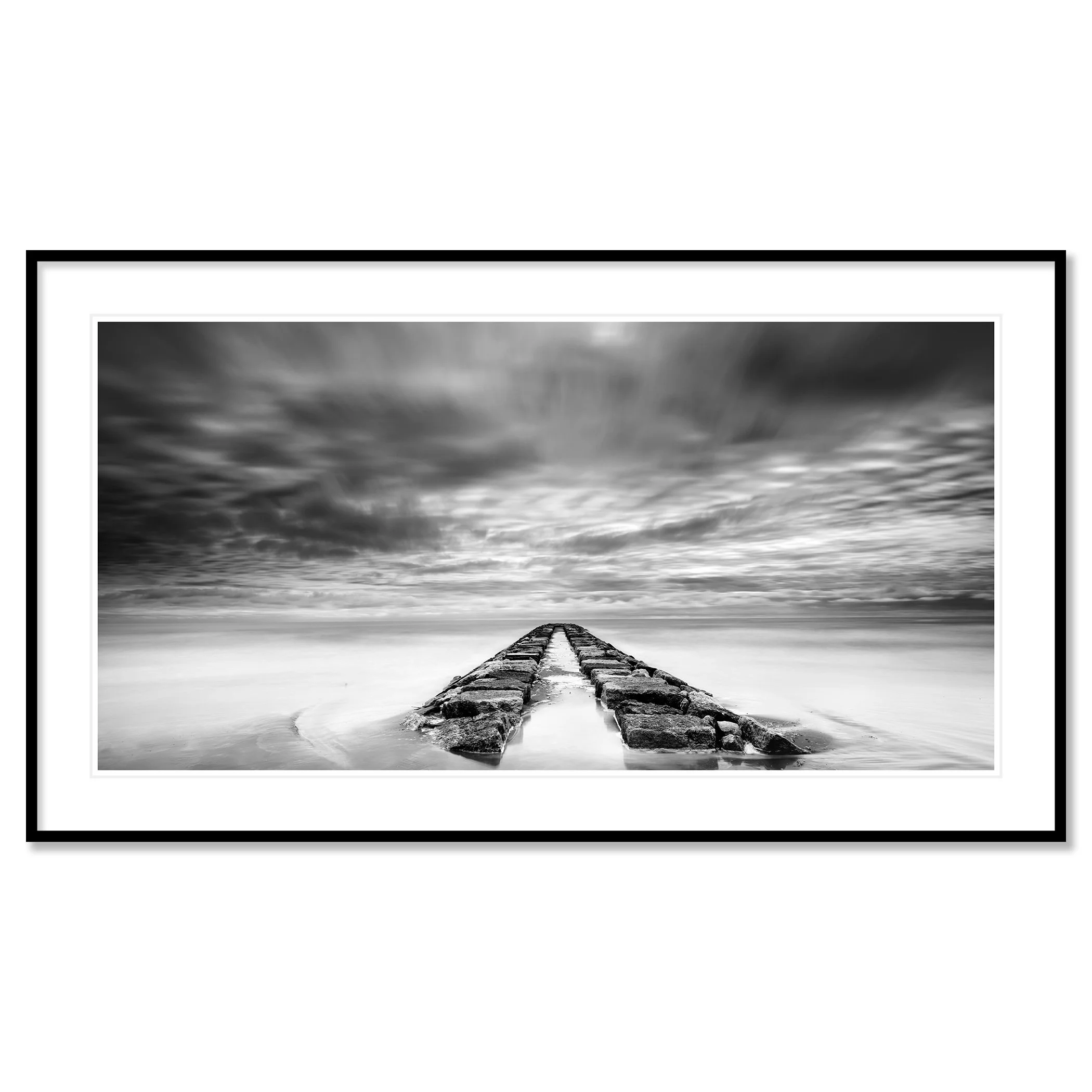 Rock Pier, Panorama Study 1 by Gerald Berghammer, black-and-white fine art print in a black aluminium frame with white mount.
