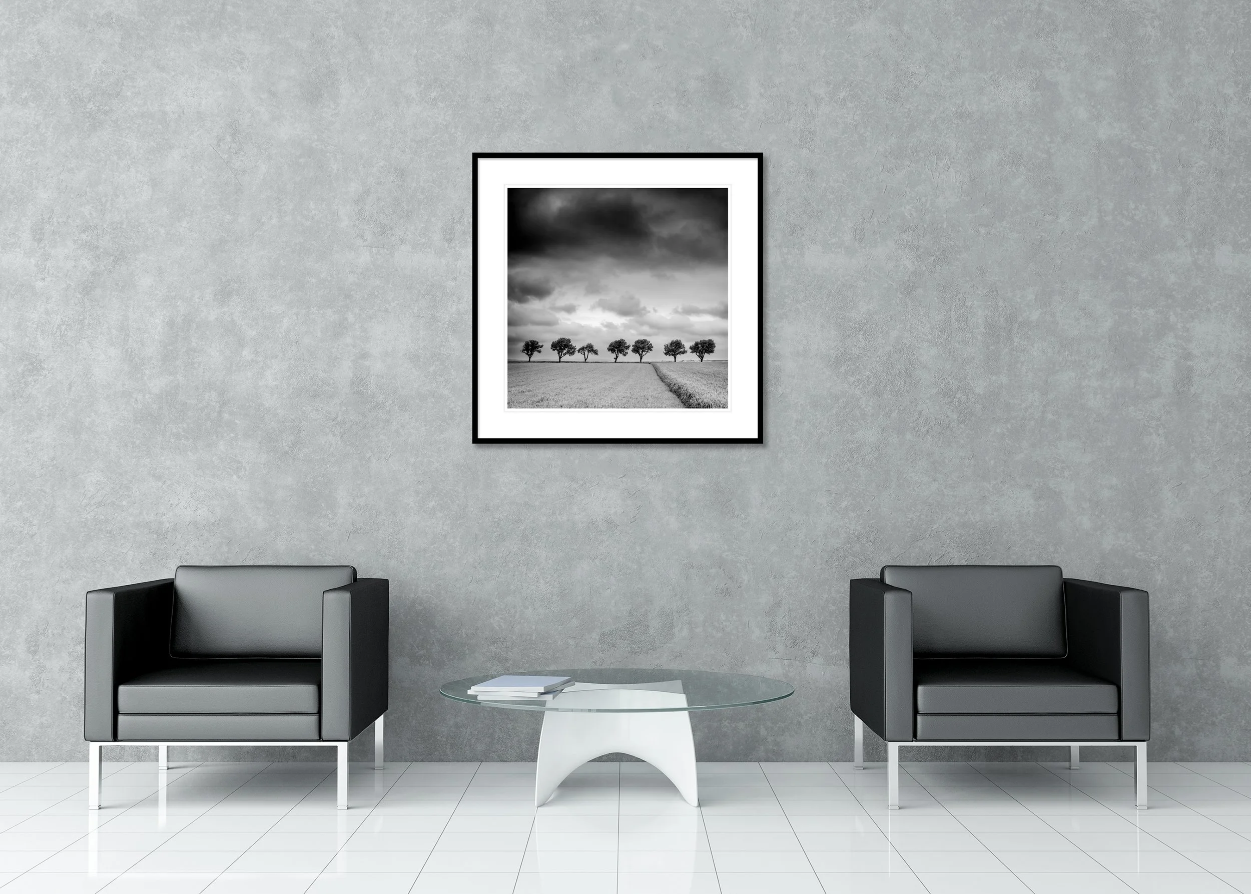 Trees at the Edge of a Field, Study 1 – frameless photograph on aluminium Dibond above a sideboard in a minimalist interior. Photo by Gerald Berghammer.