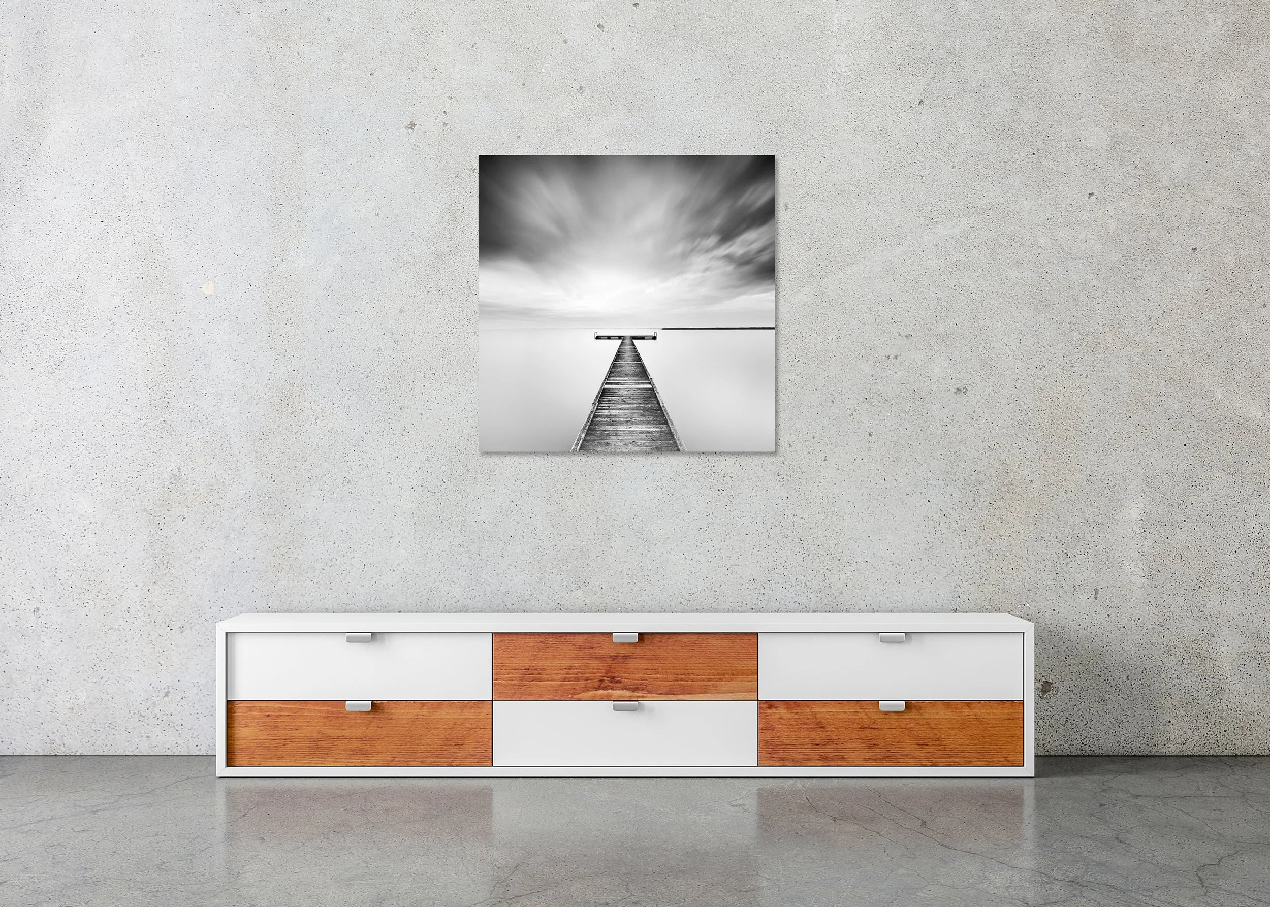 Winter Storm displayed in a modern interior as a frameless black-and-white aluminium Dibond print by Gerald Berghammer.