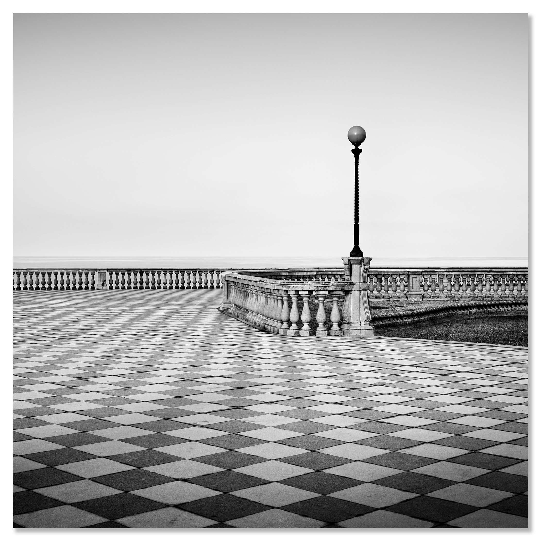 Terrazza Mascagni Study 1 by Gerald Berghammer presented as a frameless black-and-white photograph mounted on aluminium Dibond.